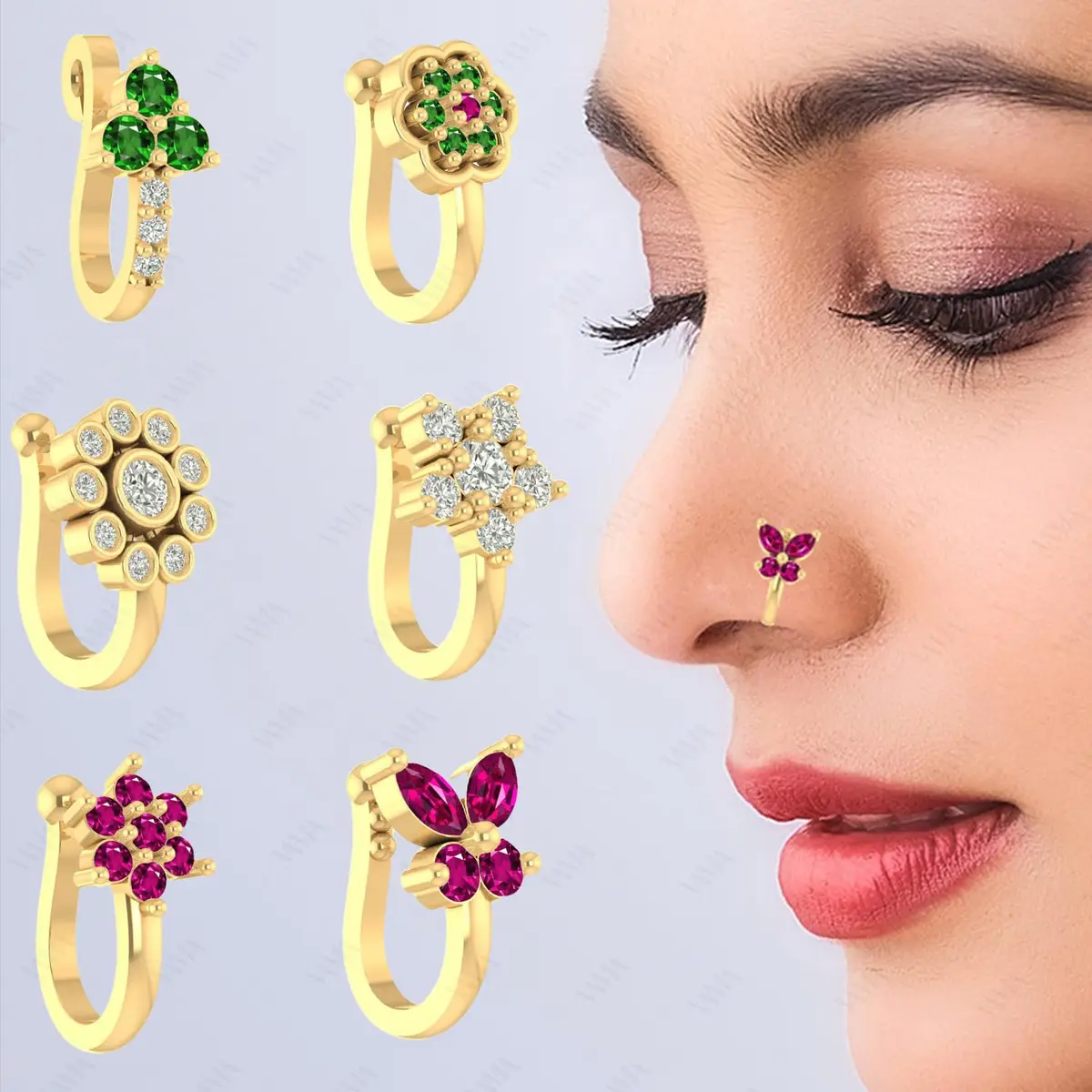 VAMA 6 Pcs Multicolor Gold Plated Clip-on Nose Stud Pin Set 1.2 cm (0.47 in) | Non-Piercing Fashion Jewelry - view 4
