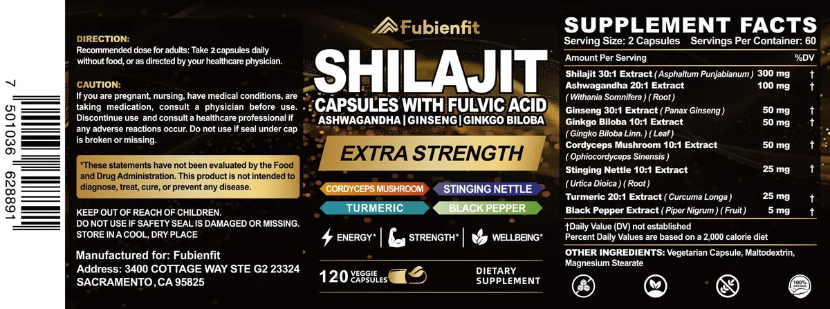 Fubienfit Shilajit Supplement with Ashwagandha Extract, 120 Capsule | Himalayan Fulvic Acid & Ginseng for Daily Support - view 6
