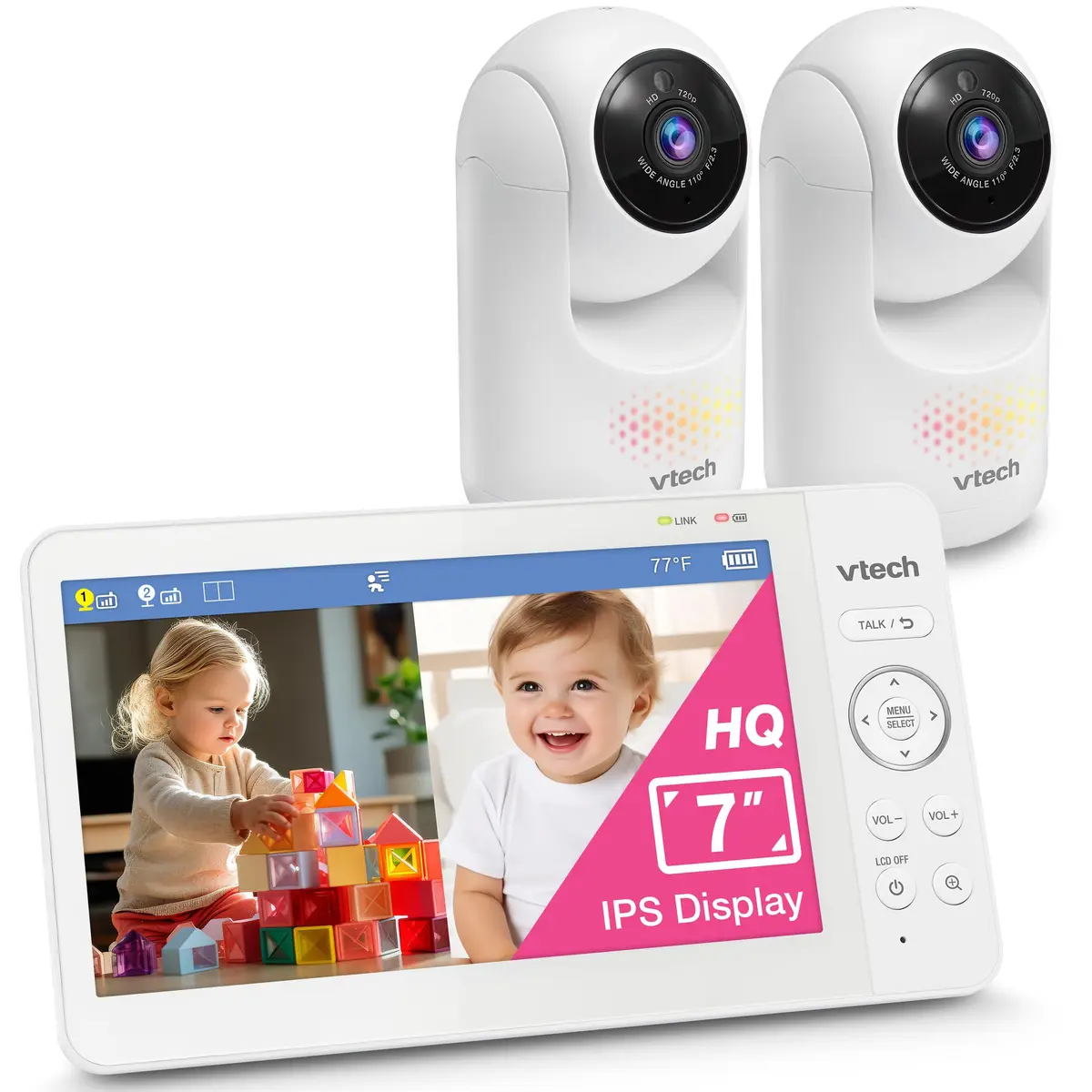 VTech Advanced HQ Max Twin Baby Monitor with 2 Cameras, 7" IPS Split Screen, 5000mAh Battery, 360° PTZ, 4X Zoom, Night Vision | No WiFi Needed - main product image