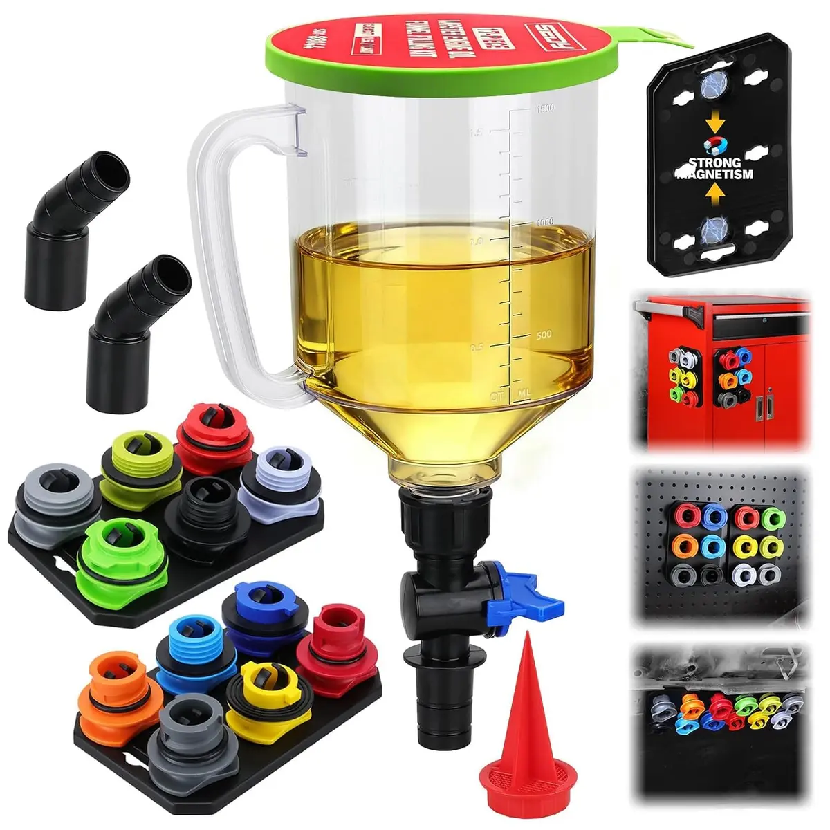 SEDY 18-Piece Engine Oil Funnel Kit 1.59QT (1.5L) | Automotive Oil Funnel Set with 12 Adapters & Magnetic Tray - main product image