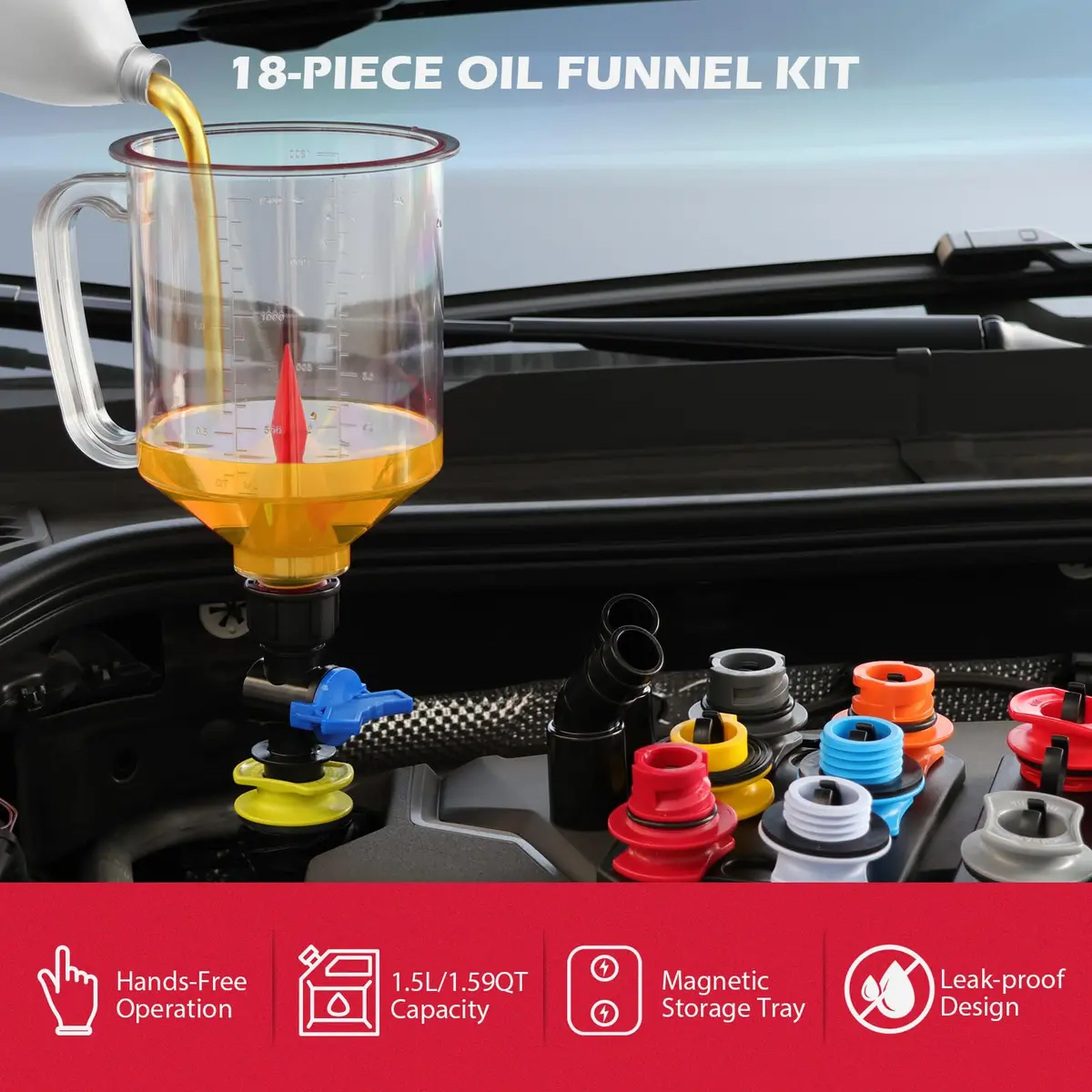 SEDY 18-Piece Engine Oil Funnel Kit 1.59QT (1.5L) | Automotive Oil Funnel Set with 12 Adapters & Magnetic Tray - view 2