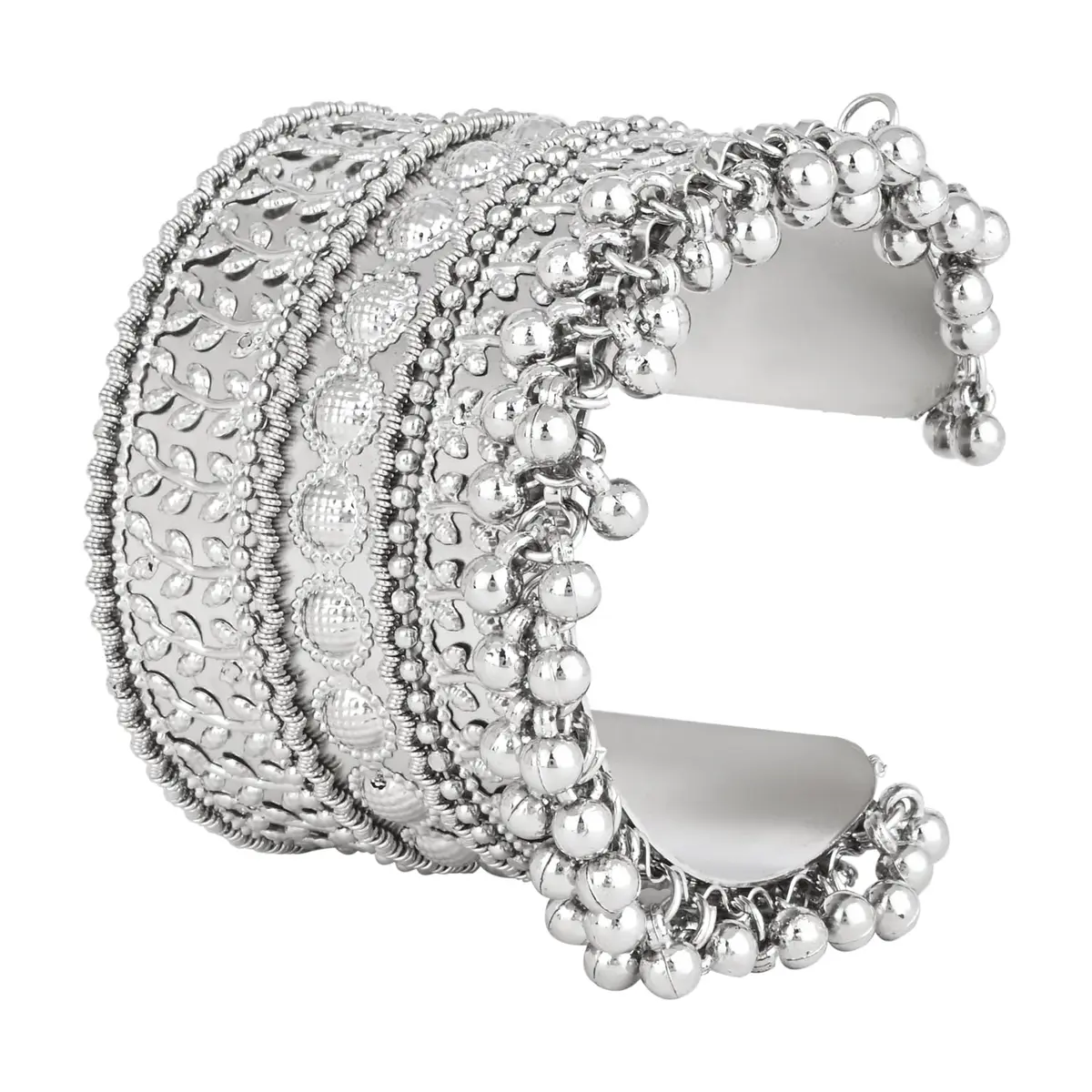 I Jewels Oxidised Silver Afghani Ghungroo Cuff Bracelet for Women | 16.5 cm (6.5 inches) - main product image