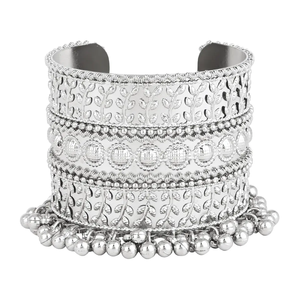 I Jewels Oxidised Silver Afghani Ghungroo Cuff Bracelet for Women | 16.5 cm (6.5 inches) - view 5