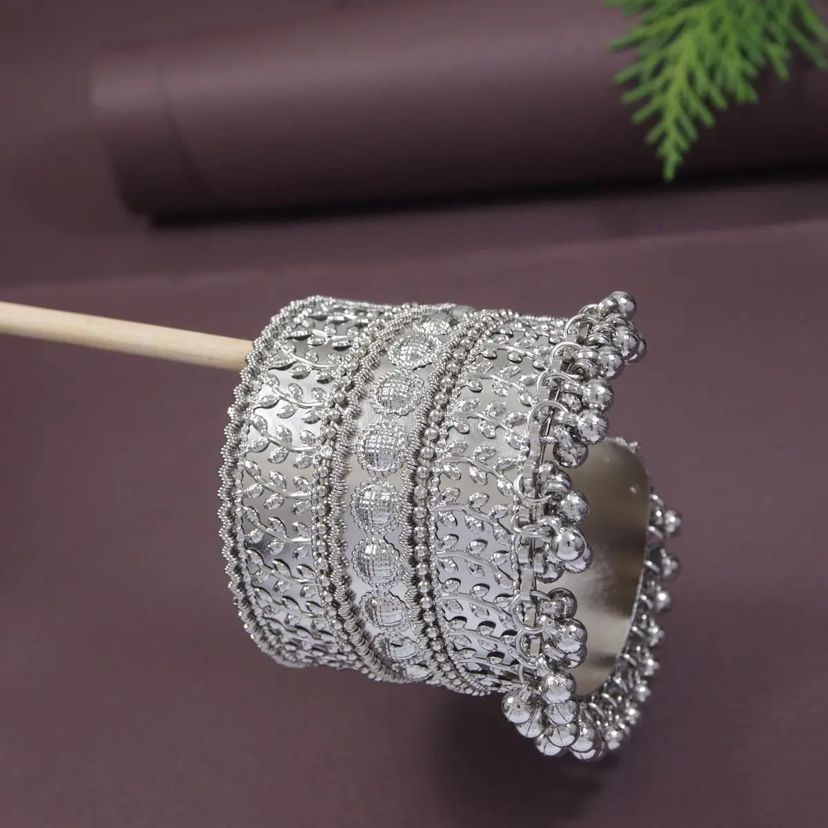 I Jewels Oxidised Silver Afghani Ghungroo Cuff Bracelet for Women | 16.5 cm (6.5 inches) - view 2
