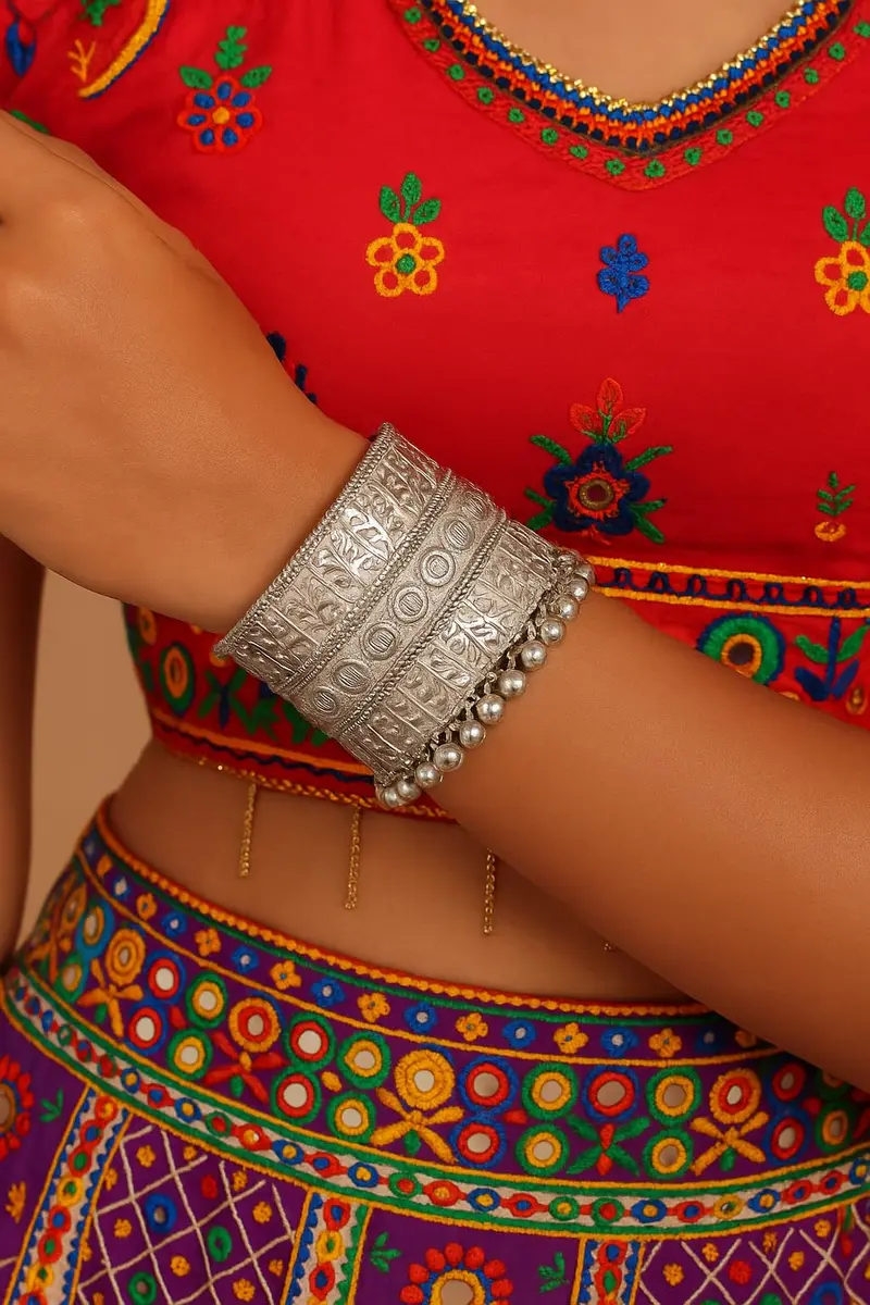 I Jewels Oxidised Silver Afghani Ghungroo Cuff Bracelet for Women | 16.5 cm (6.5 inches) - view 3