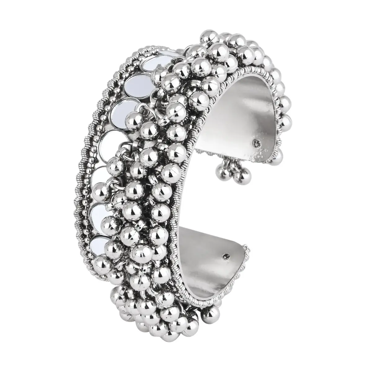 I Jewels Oxidised Silver Afghani Ghungroo Mirror Work Cuff Bracelet for Women | Adjustable Free Size - main product image