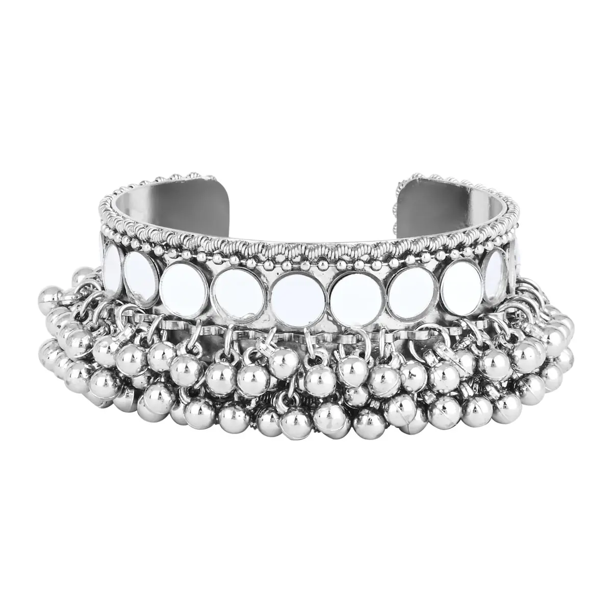 I Jewels Oxidised Silver Afghani Ghungroo Mirror Work Cuff Bracelet for Women | Adjustable Free Size - view 5