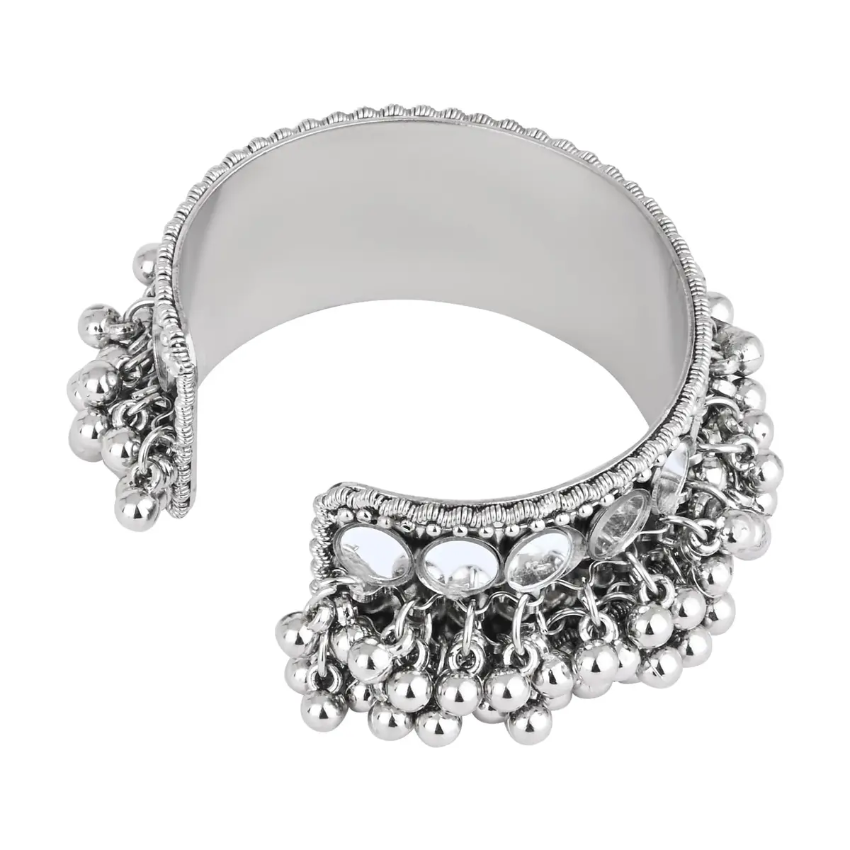 I Jewels Oxidised Silver Afghani Ghungroo Mirror Work Cuff Bracelet for Women | Adjustable Free Size - view 6