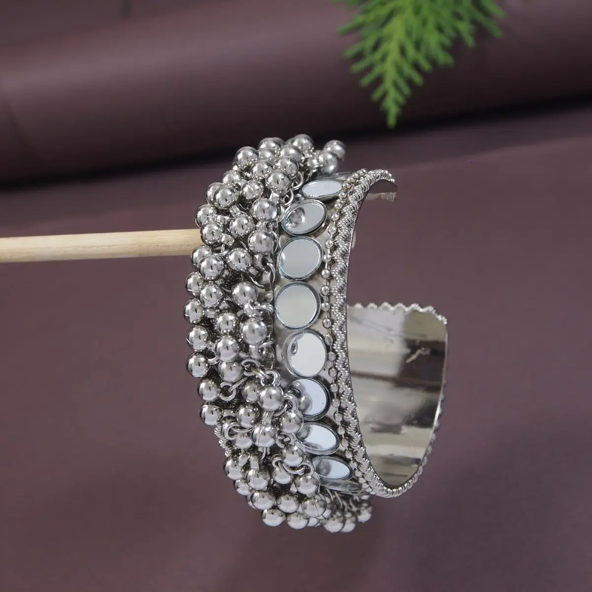I Jewels Oxidised Silver Afghani Ghungroo Mirror Work Cuff Bracelet for Women | Adjustable Free Size - view 2