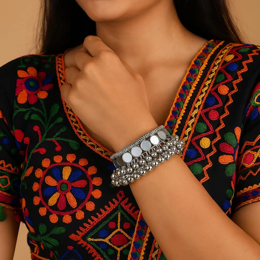 I Jewels Oxidised Silver Afghani Ghungroo Mirror Work Cuff Bracelet for Women | Adjustable Free Size - view 3