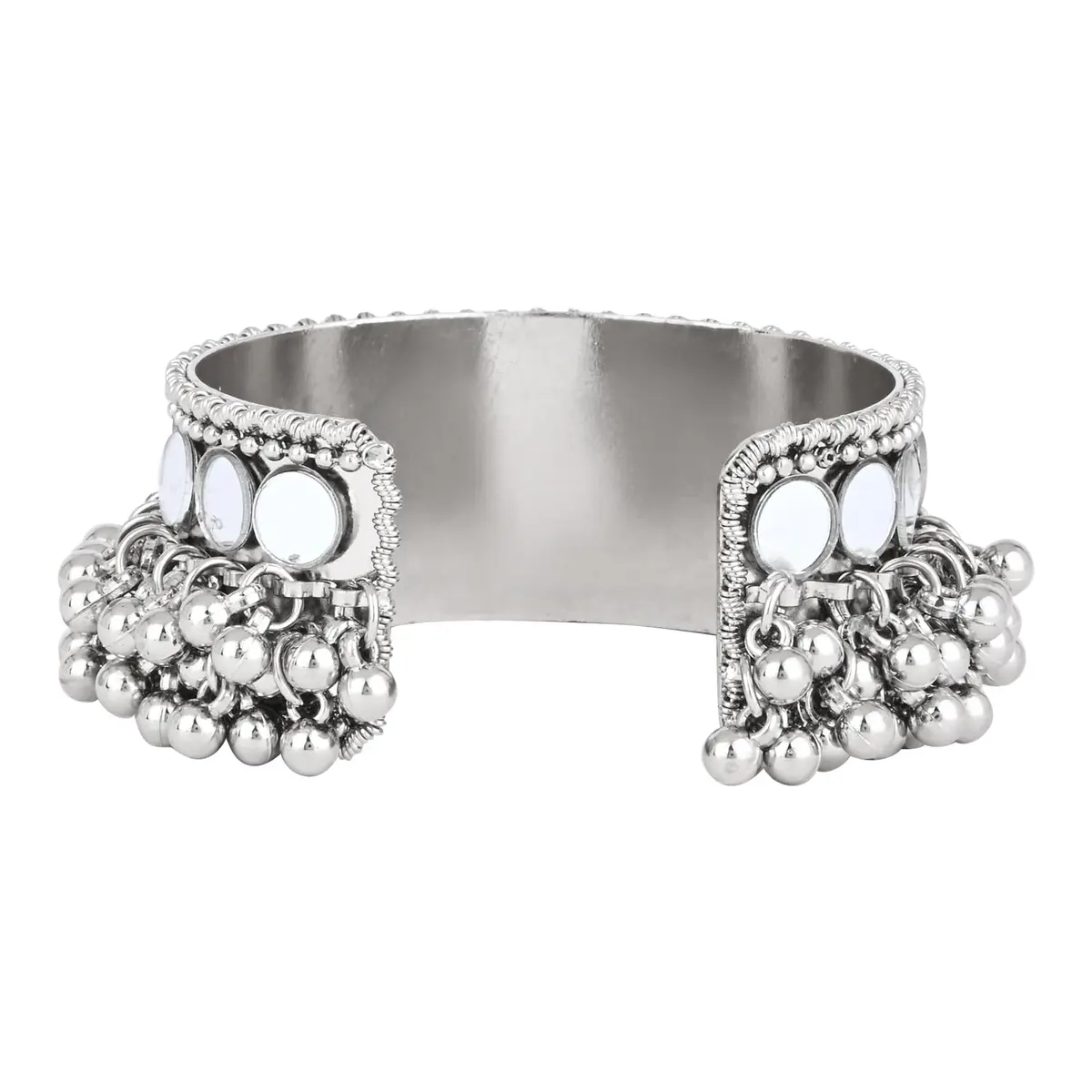 I Jewels Oxidised Silver Afghani Ghungroo Mirror Work Cuff Bracelet for Women | Adjustable Free Size - view 4