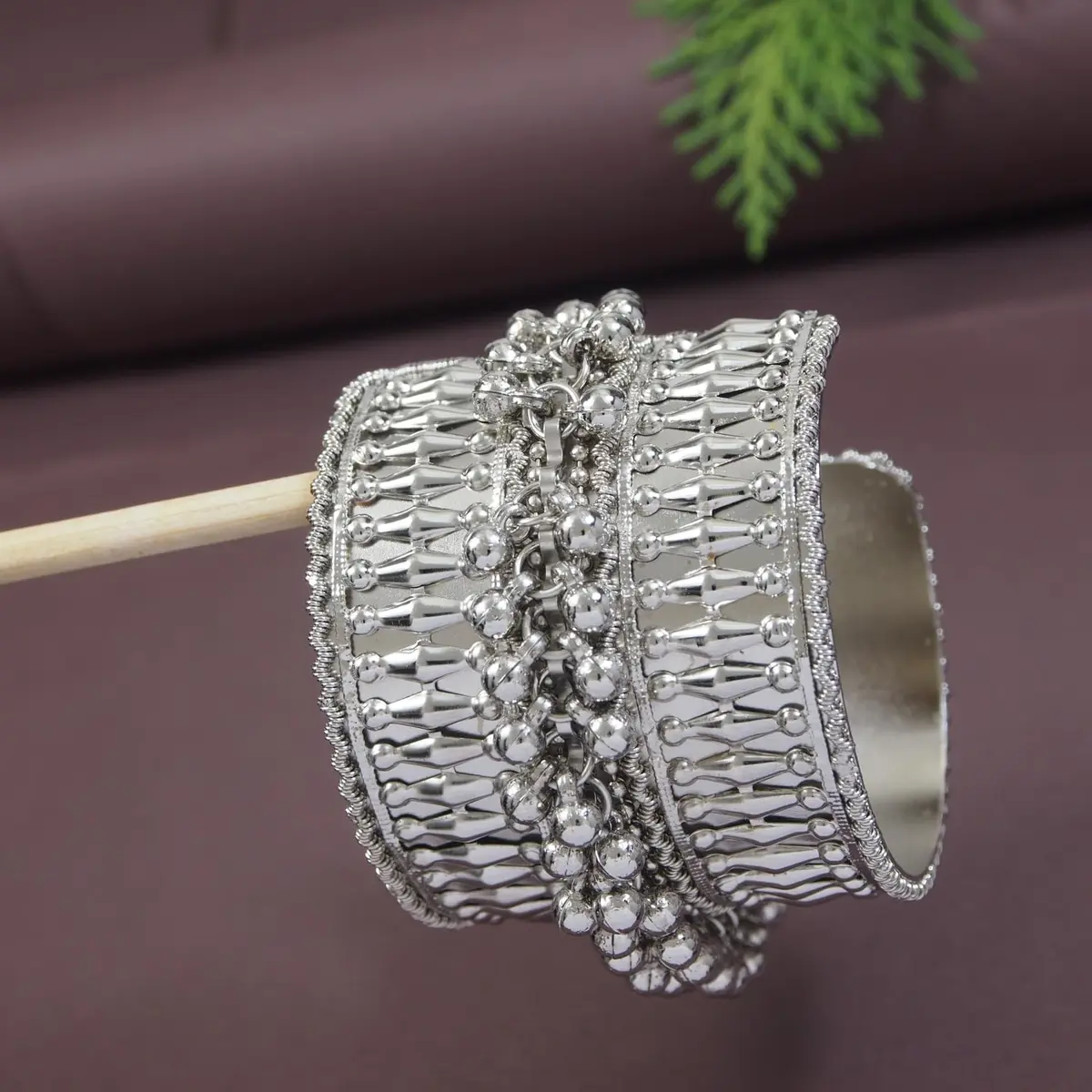 I Jewels Oxidised Silver Afghani Ghungroo Cuff Kada Bracelet For Women | Adjustable Free Size - view 2