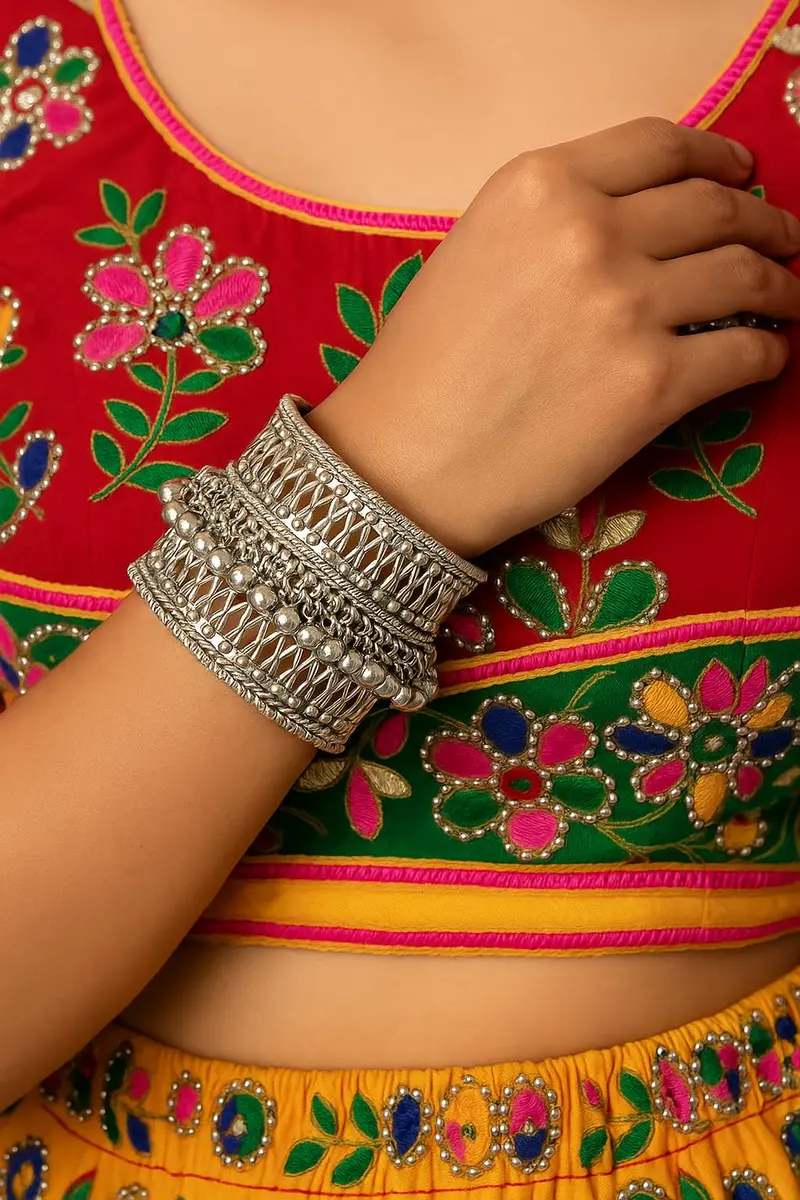 I Jewels Oxidised Silver Afghani Ghungroo Cuff Kada Bracelet For Women | Adjustable Free Size - view 3