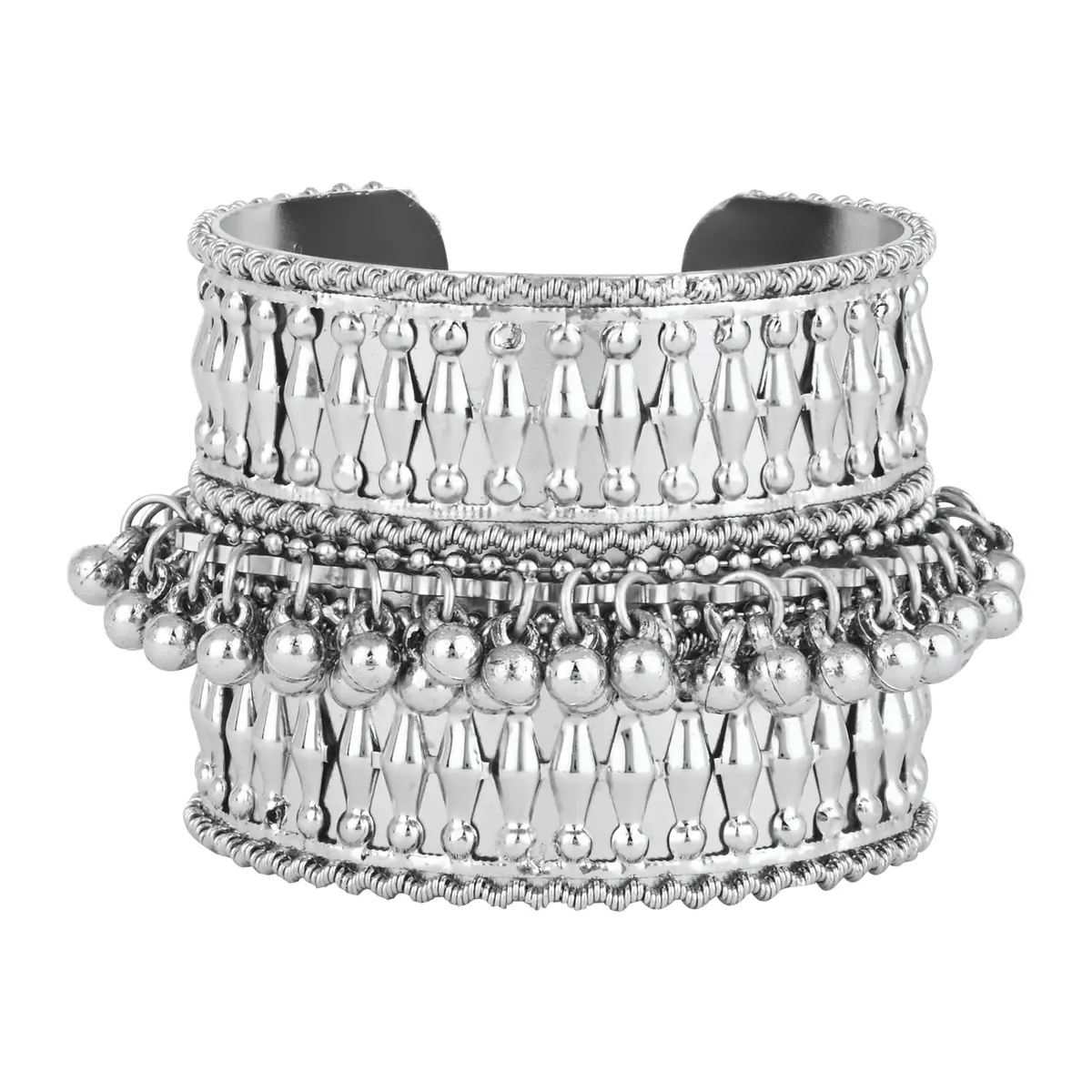 I Jewels Oxidised Silver Afghani Ghungroo Cuff Kada Bracelet For Women | Adjustable Free Size - view 4