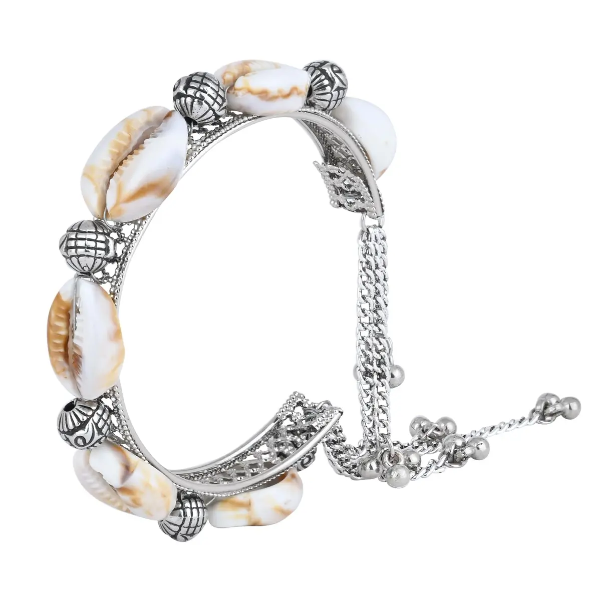 I Jewels Navratri Ethnic Silver Oxidised Indian Wedding Bollywood Afghani Boho Shell Ghungroo Adjustable Cuff Kada Bracelet For Women (ADB522OX) | Traditional Ethnic Design - main product image