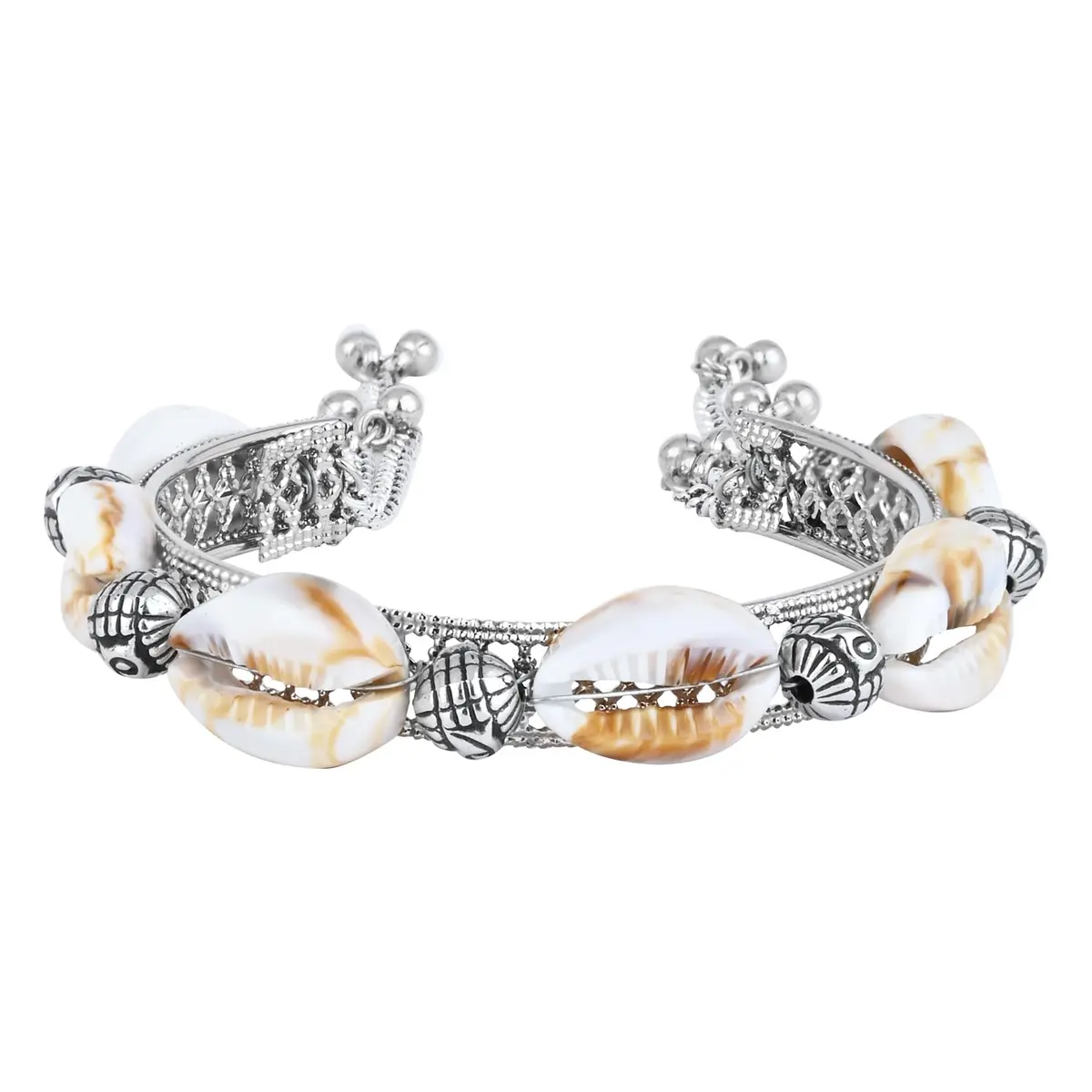 I Jewels Navratri Ethnic Silver Oxidised Indian Wedding Bollywood Afghani Boho Shell Ghungroo Adjustable Cuff Kada Bracelet For Women (ADB522OX) | Traditional Ethnic Design - view 5