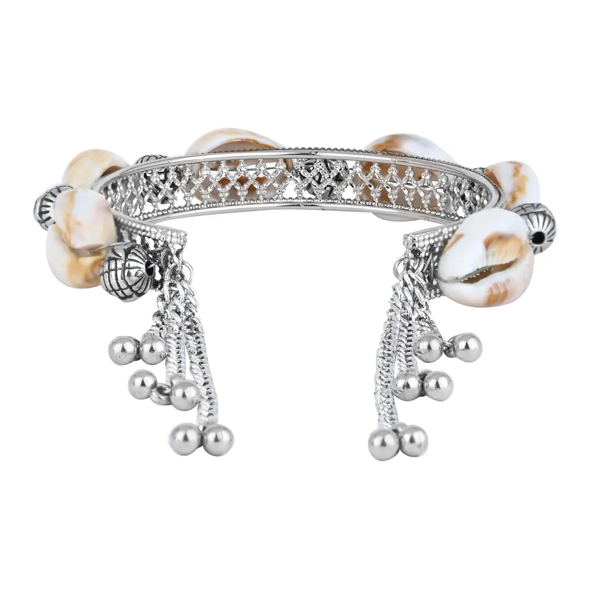 I Jewels Navratri Ethnic Silver Oxidised Indian Wedding Bollywood Afghani Boho Shell Ghungroo Adjustable Cuff Kada Bracelet For Women (ADB522OX) | Traditional Ethnic Design - view 6