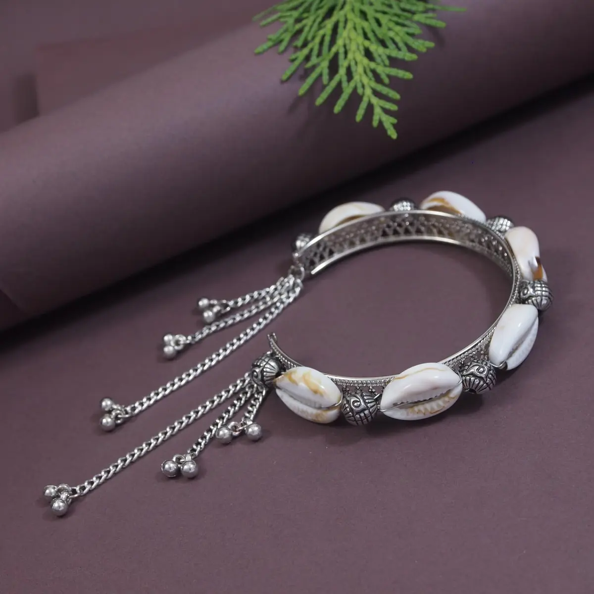 I Jewels Navratri Ethnic Silver Oxidised Indian Wedding Bollywood Afghani Boho Shell Ghungroo Adjustable Cuff Kada Bracelet For Women (ADB522OX) | Traditional Ethnic Design - view 2