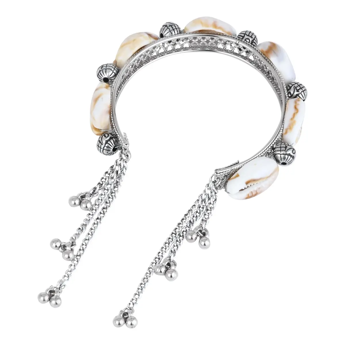 I Jewels Navratri Ethnic Silver Oxidised Indian Wedding Bollywood Afghani Boho Shell Ghungroo Adjustable Cuff Kada Bracelet For Women (ADB522OX) | Traditional Ethnic Design - view 4