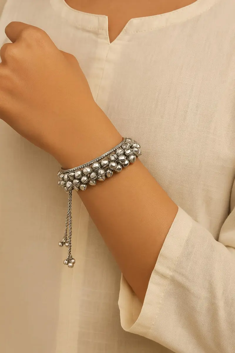 I Jewels Navratri Ethnic Silver Oxidised Cuff Bracelet for Women | Adjustable Vintage Indian Jewelry - view 3