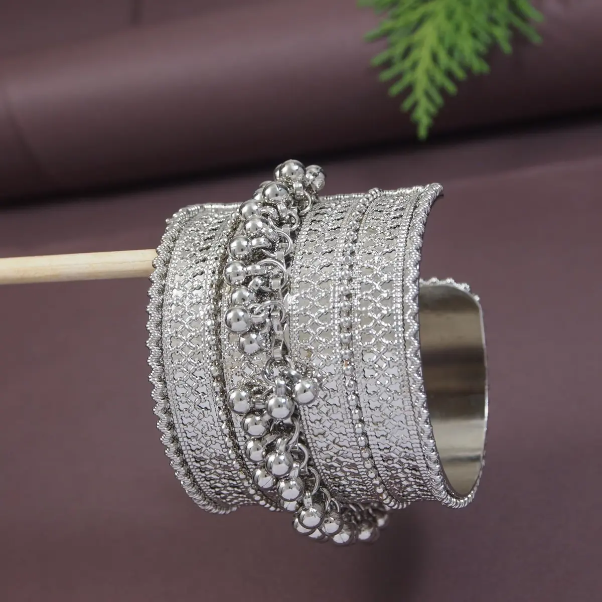 I Jewels Oxidised Silver Afghani Ghungroo Cuff Bracelet for Women | Adjustable Free Size - view 2