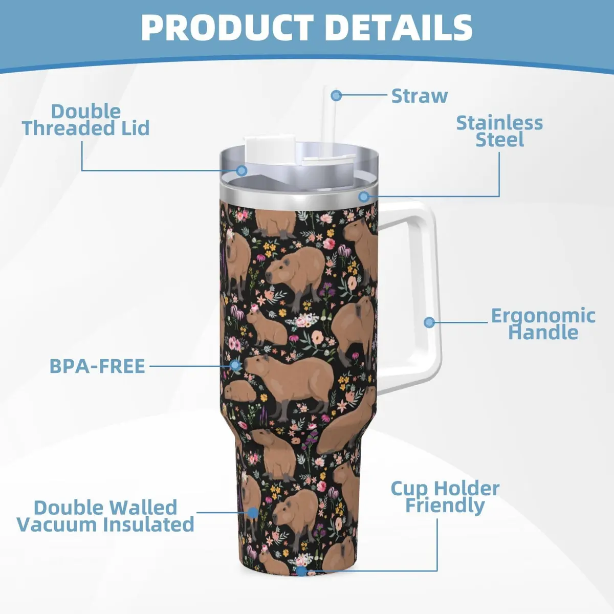 Vasietrng Capybara Tumbler 1183ml (40oz) | Cute Stainless Steel Vacuum Insulated Water Bottle with Handle, Lid & Straw for Girls, Teens, Women, Men - view 6