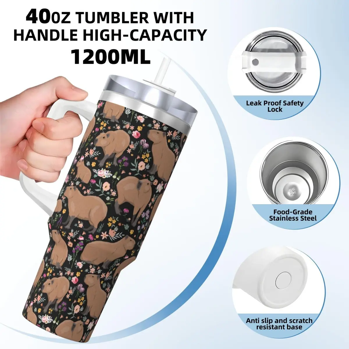 Vasietrng Capybara Tumbler 1183ml (40oz) | Cute Stainless Steel Vacuum Insulated Water Bottle with Handle, Lid & Straw for Girls, Teens, Women, Men - view 4