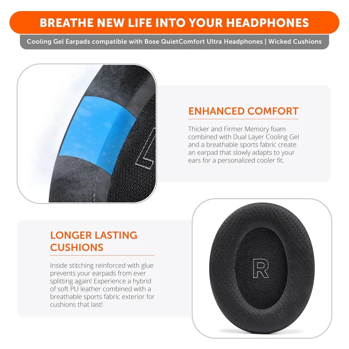 WC Freeze QC Ultra Cooling Gel Earpads for Bose QuietComfort Ultra Gen 1 & 2 | 2-Pack, 90's Black - view 4