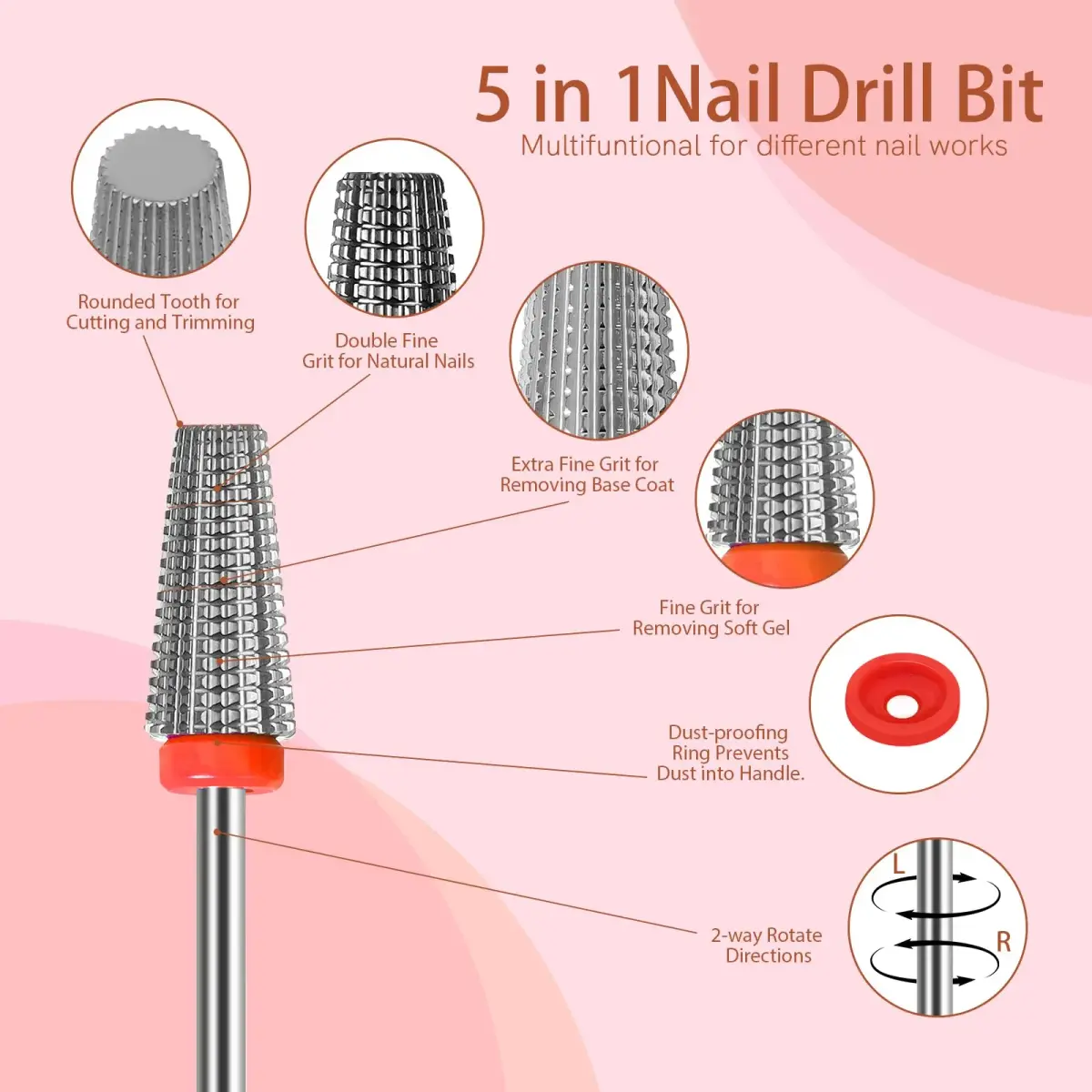 SQULIGT 5-in-1 Tungsten Carbide Nail Drill Bit Set (Fine Grit) | Professional Efile Bit for Acrylics & Gels - view 2