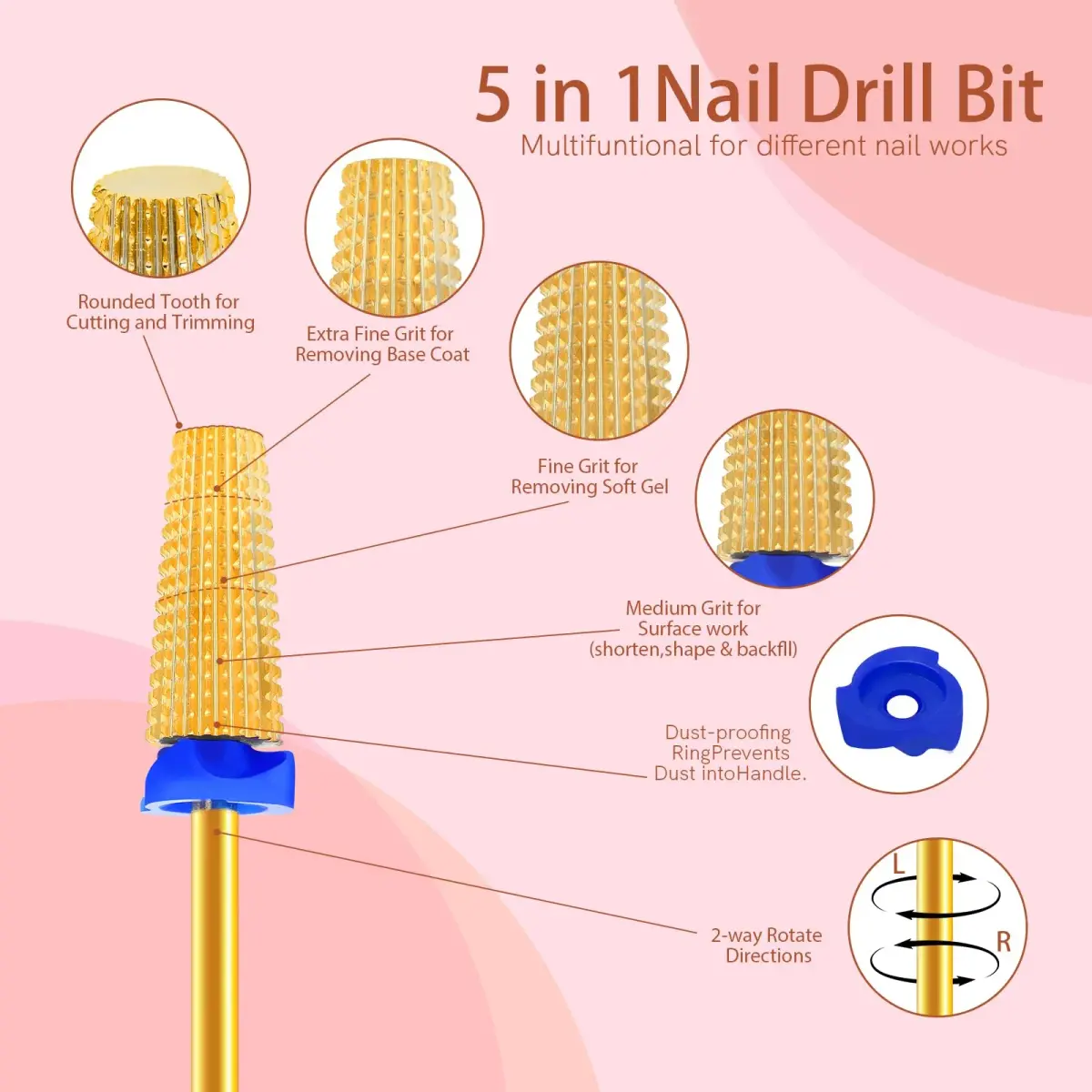 SQULIGT 5 in 1 Tungsten Carbide Nail Drill Bit Medium Golden | Professional Efile Bit for Acrylics & Gels - view 2
