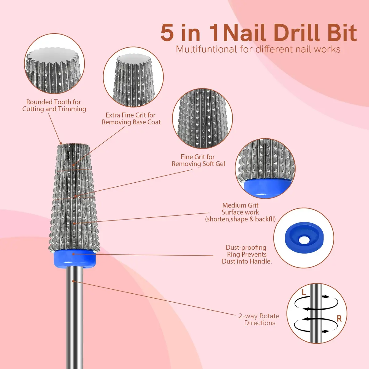 SQULIGT 5 in 1 Tungsten Carbide Nail Drill Bit Medium Silver | Professional Manicure & Pedicure Tool - view 2
