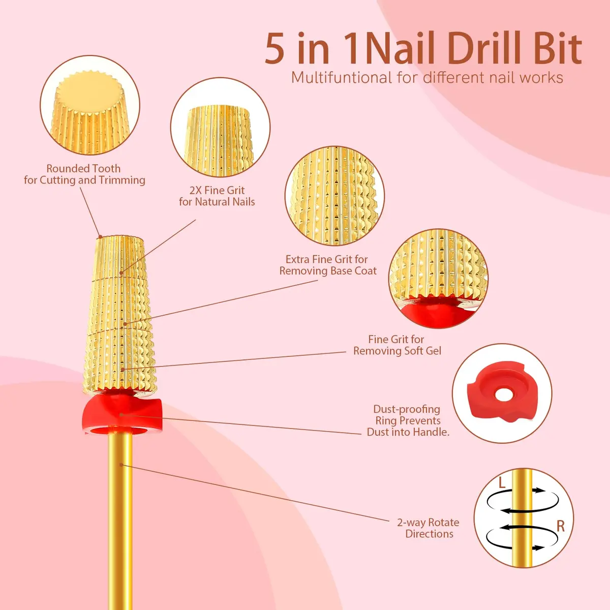 SQULIGT 5 in 1 Tungsten Carbide Nail Drill Bit Fine Grit Golden | Two-Way Rotation 3/32" Shank - view 2