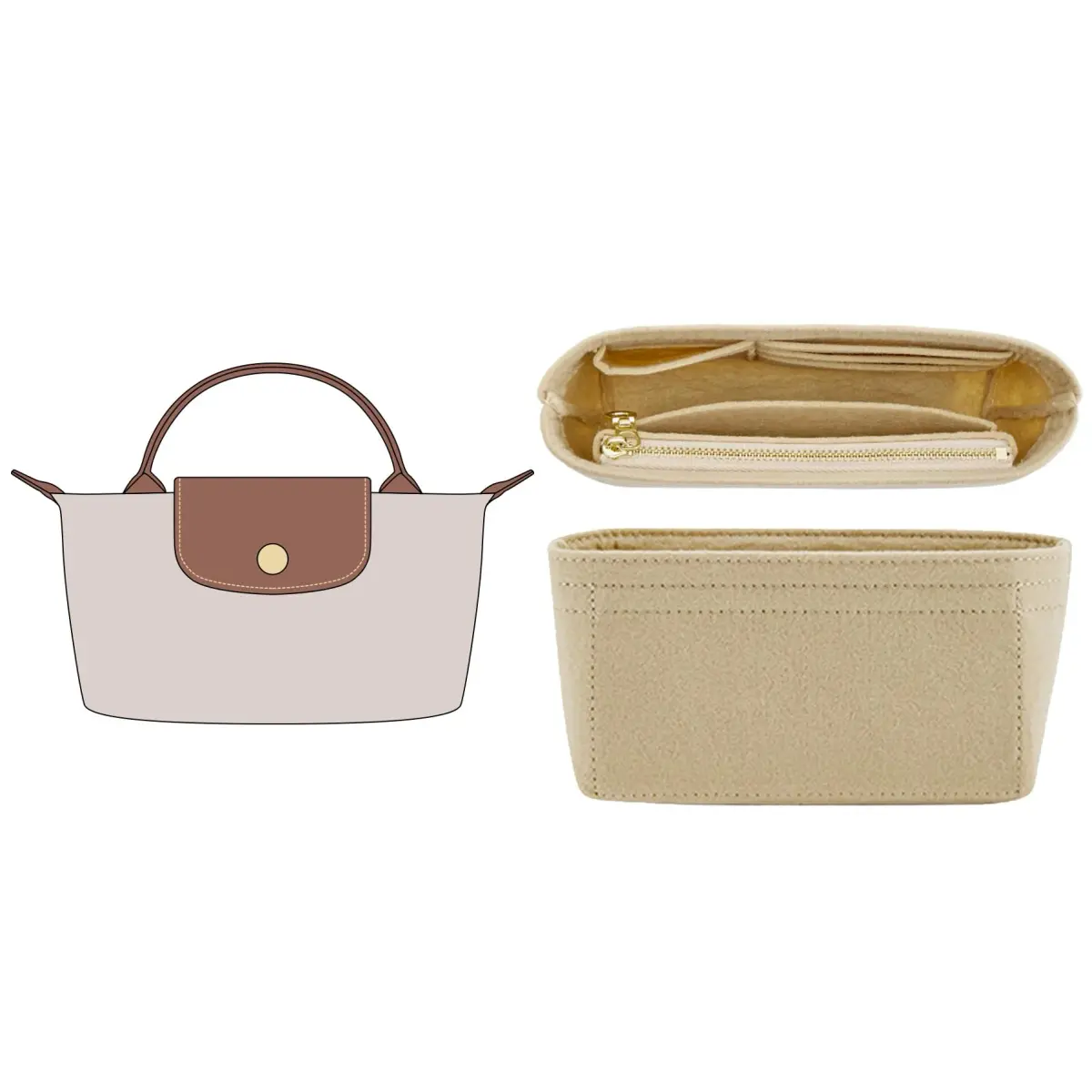 Doxo Felt Purse Organizer Insert for Longchamp Le Pliage Mini XS Bag, Beige 15.5cm (6.1"W) x 4.8cm (1.9"D) x 8.9cm (3.5"H) | Protects Bag Interior - main product image
