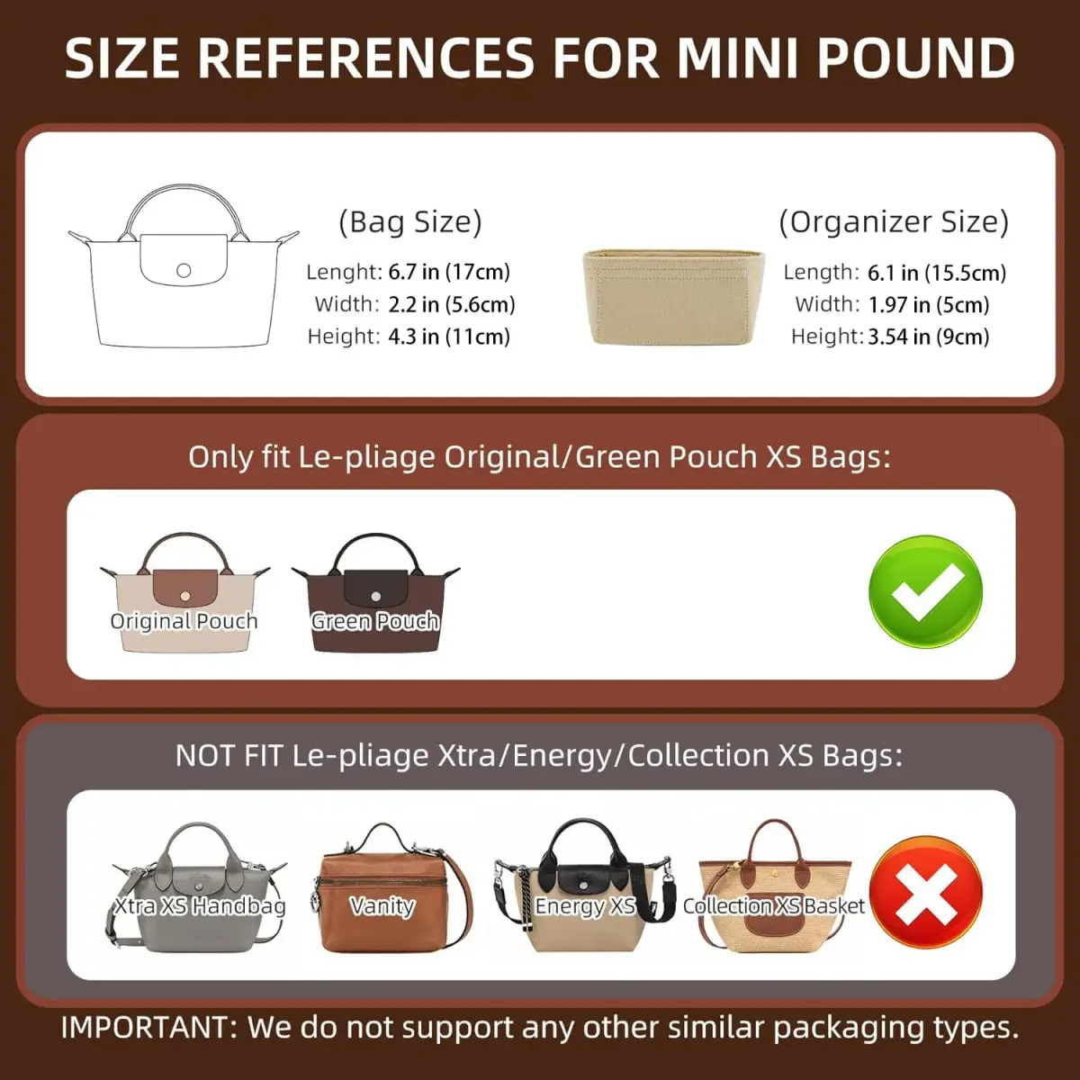 Doxo Felt Purse Organizer Insert for Longchamp Le Pliage Mini XS Bag, Beige 15.5cm (6.1"W) x 4.8cm (1.9"D) x 8.9cm (3.5"H) | Protects Bag Interior - view 2