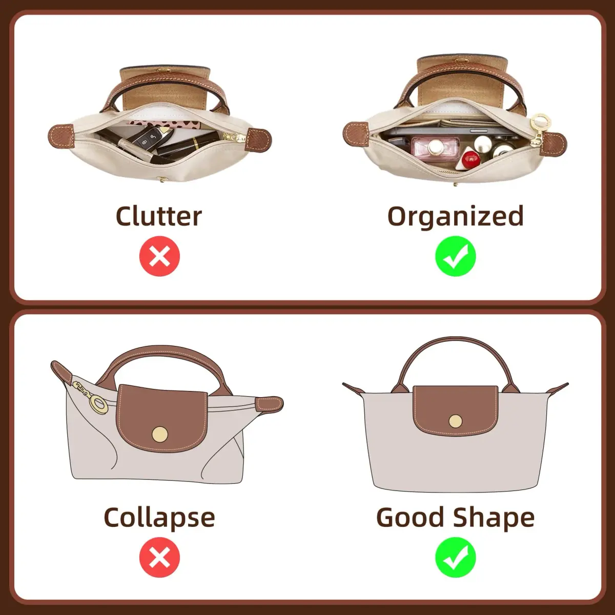 Doxo Felt Purse Organizer Insert for Longchamp Le Pliage Mini XS Bag, Beige 15.5cm (6.1"W) x 4.8cm (1.9"D) x 8.9cm (3.5"H) | Protects Bag Interior - view 3