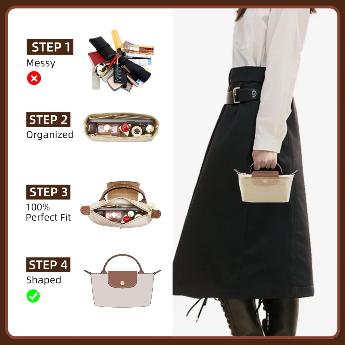 Doxo Felt Purse Organizer Insert for Longchamp Le Pliage Mini XS Bag, Beige 15.5cm (6.1"W) x 4.8cm (1.9"D) x 8.9cm (3.5"H) | Protects Bag Interior - view 4
