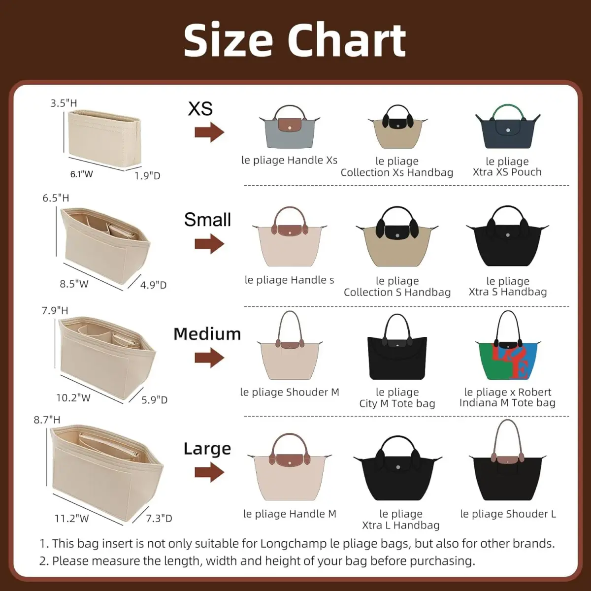 Doxo Felt Purse Organizer Insert for Longchamp Le Pliage Large Bag, Beige 29.5cm (11.6"L x 7.4"W x 8.7"H) | Precision Fit for Tote Bags - view 2