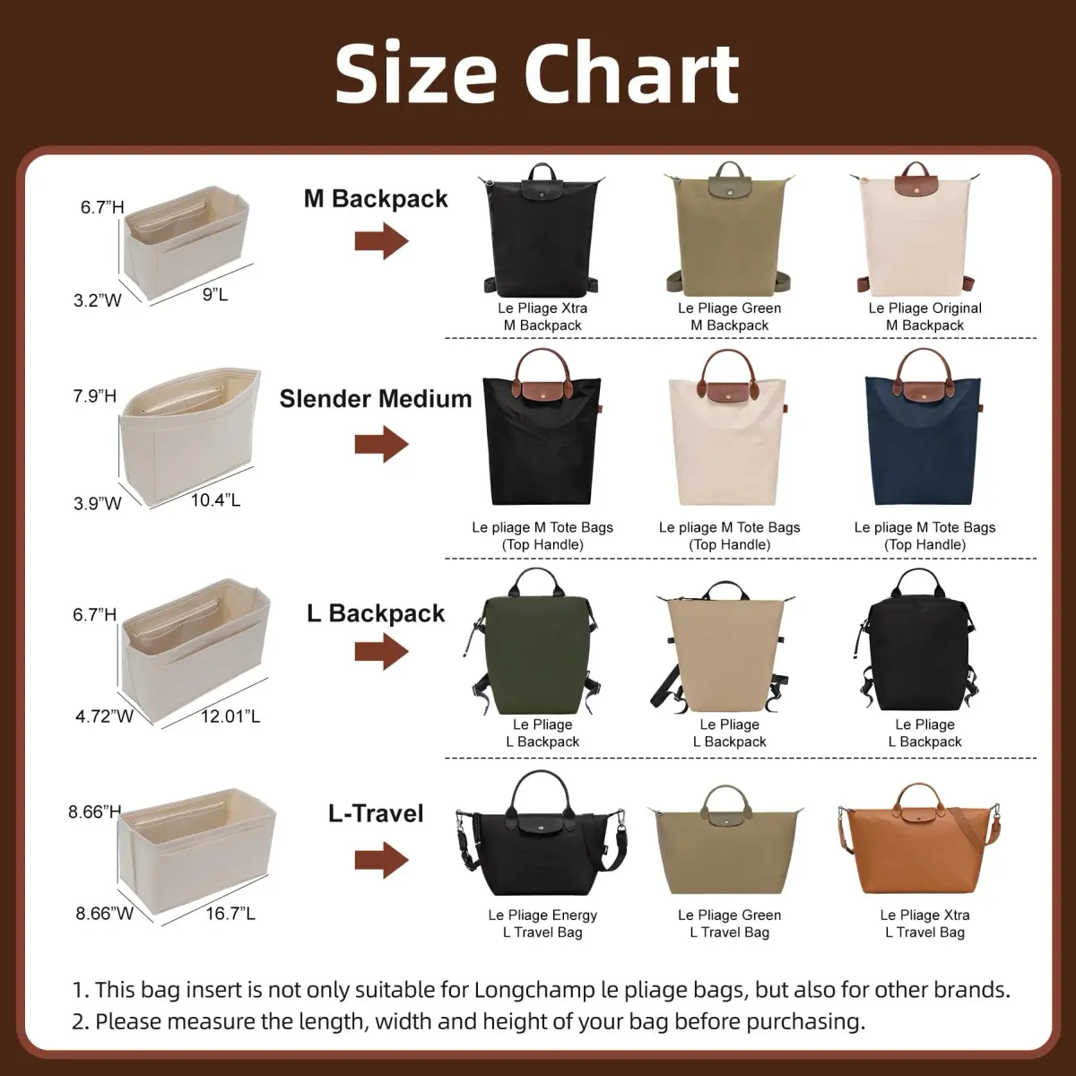 Doxo Felt Purse Organizer Insert for Longchamp Le Pliage Large Bag, Beige 29.5cm (11.6"L x 7.4"W x 8.7"H) | Precision Fit for Tote Bags - view 3
