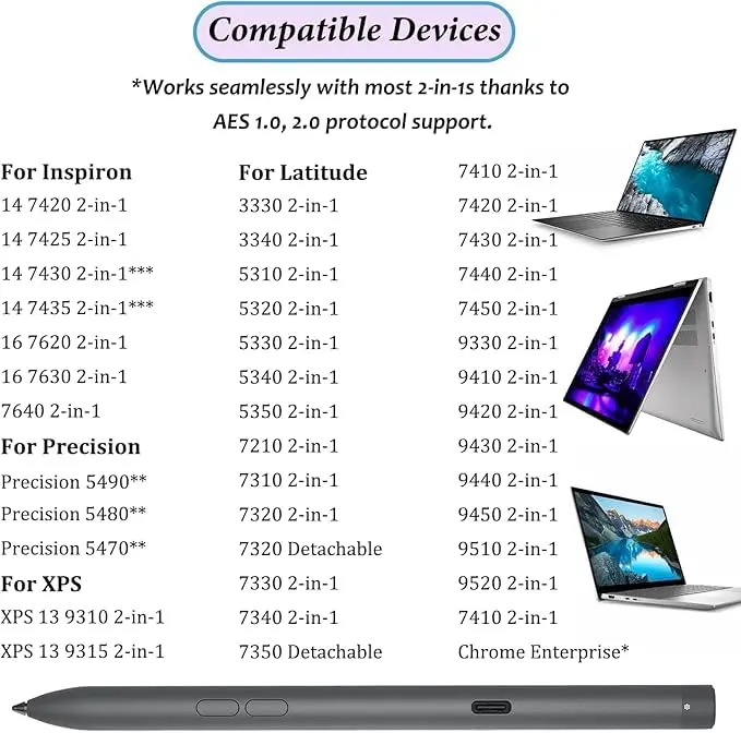 LiXiongBao Premier Rechargeable Active Pen PN7522W for Dell 2-in-1 Laptops | High Sensitivity, Bluetooth - view 3