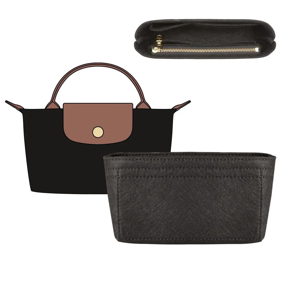 Doxo Felt Purse Organizer Insert for Longchamp Le Pliage Mini XS Bag, Black | 16cm (6.1"W) x 5cm (1.9"D) x 9cm (3.5"H) - main product image