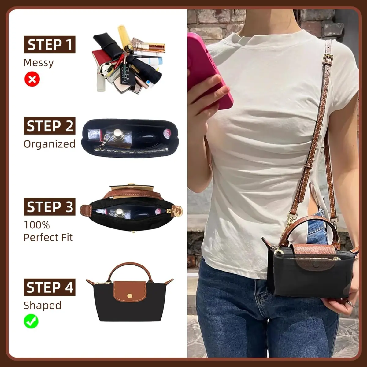 Doxo Felt Purse Organizer Insert for Longchamp Le Pliage Mini XS Bag, Black | 16cm (6.1"W) x 5cm (1.9"D) x 9cm (3.5"H) - view 6