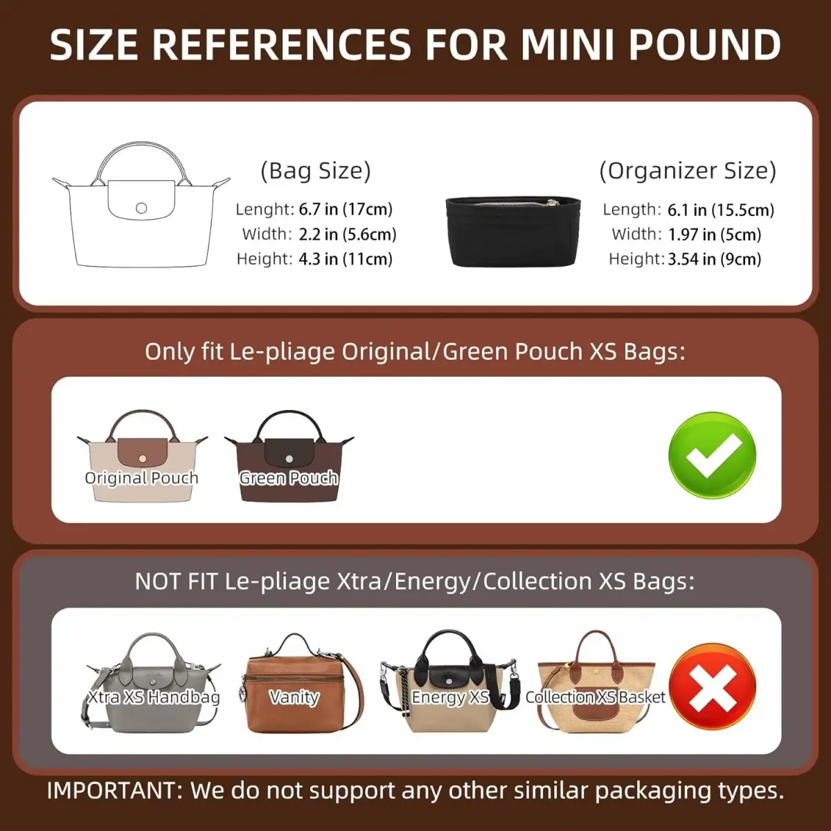 Doxo Felt Purse Organizer Insert for Longchamp Le Pliage Mini XS Bag, Black | 16cm (6.1"W) x 5cm (1.9"D) x 9cm (3.5"H) - view 2
