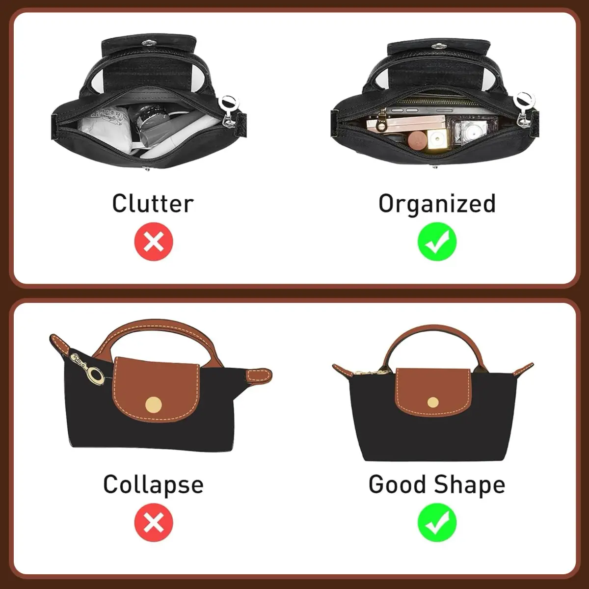 Doxo Felt Purse Organizer Insert for Longchamp Le Pliage Mini XS Bag, Black | 16cm (6.1"W) x 5cm (1.9"D) x 9cm (3.5"H) - view 3