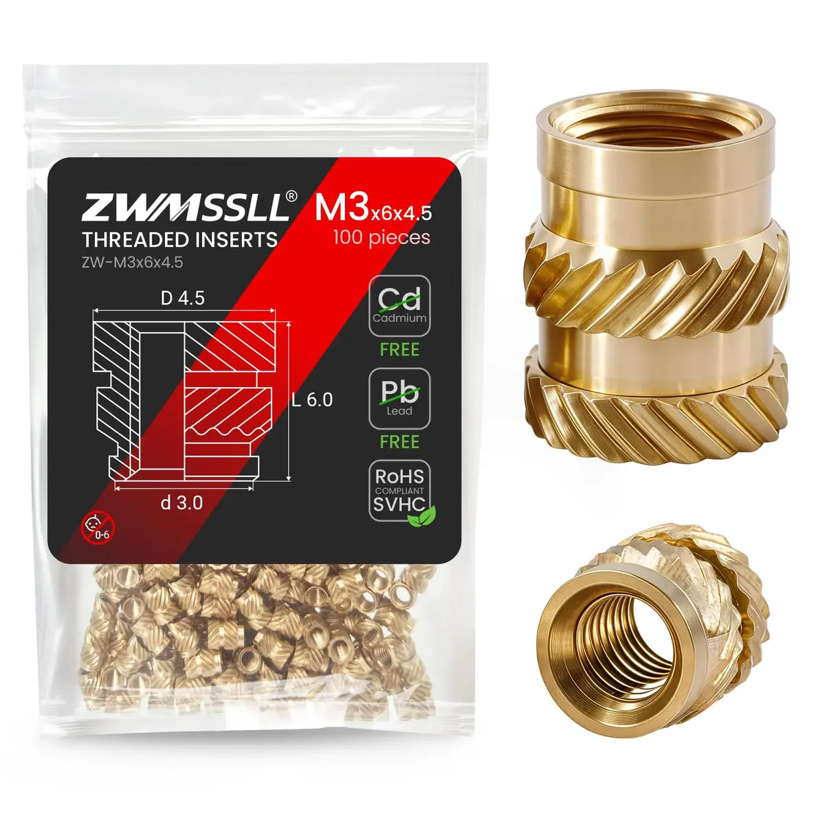 ZWMSSLL M3 Heat-Set Threaded Inserts, M3x6x4.5mm | Brass for 3D Printing & Plastic Parts - main product image