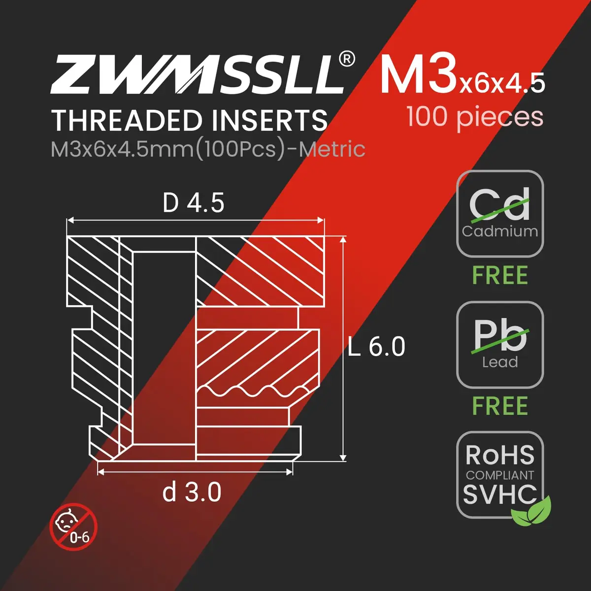 ZWMSSLL M3 Heat-Set Threaded Inserts, M3x6x4.5mm | Brass for 3D Printing & Plastic Parts - view 5