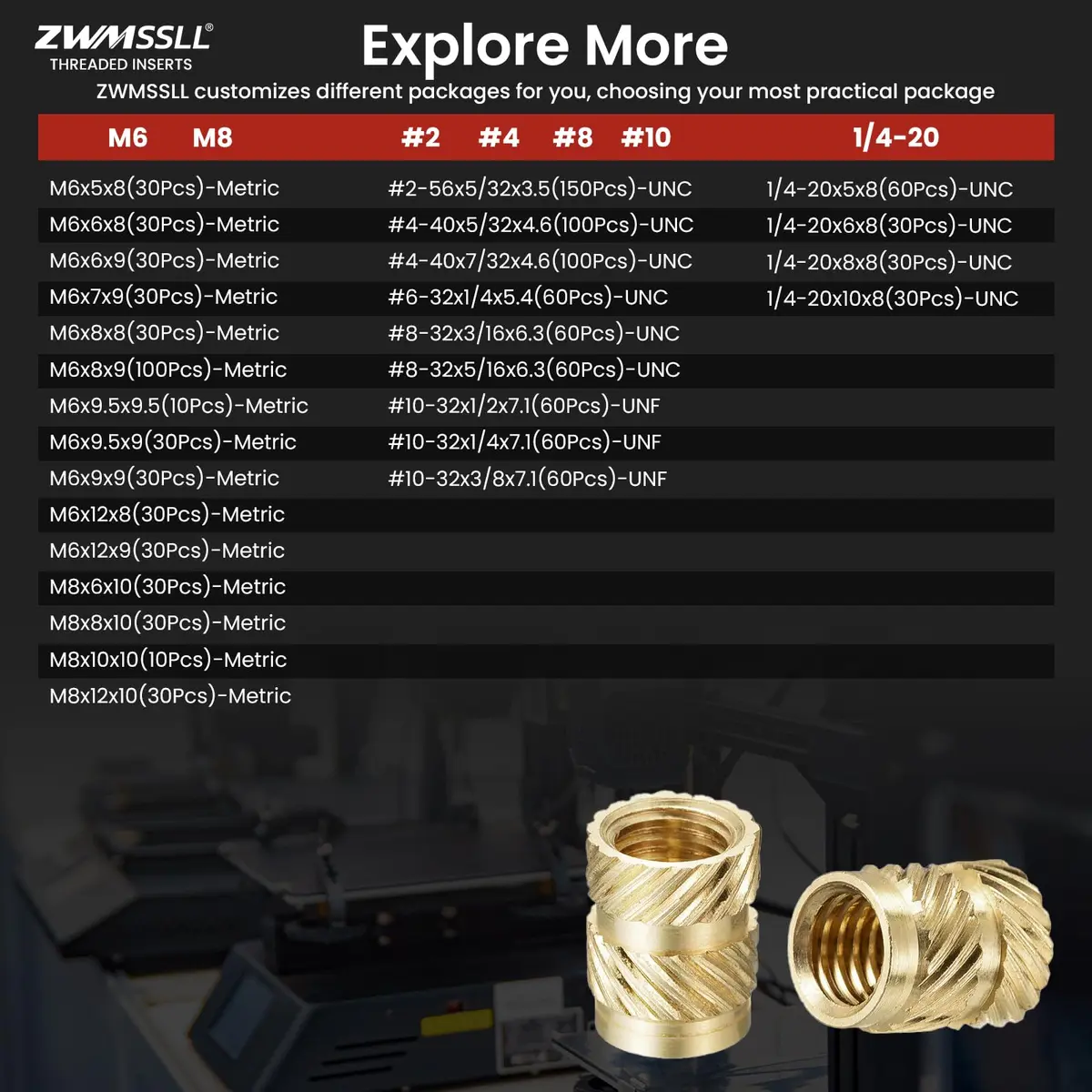 ZWMSSLL M3 Heat-Set Threaded Inserts, M3x6x4.5mm | Brass for 3D Printing & Plastic Parts - view 8