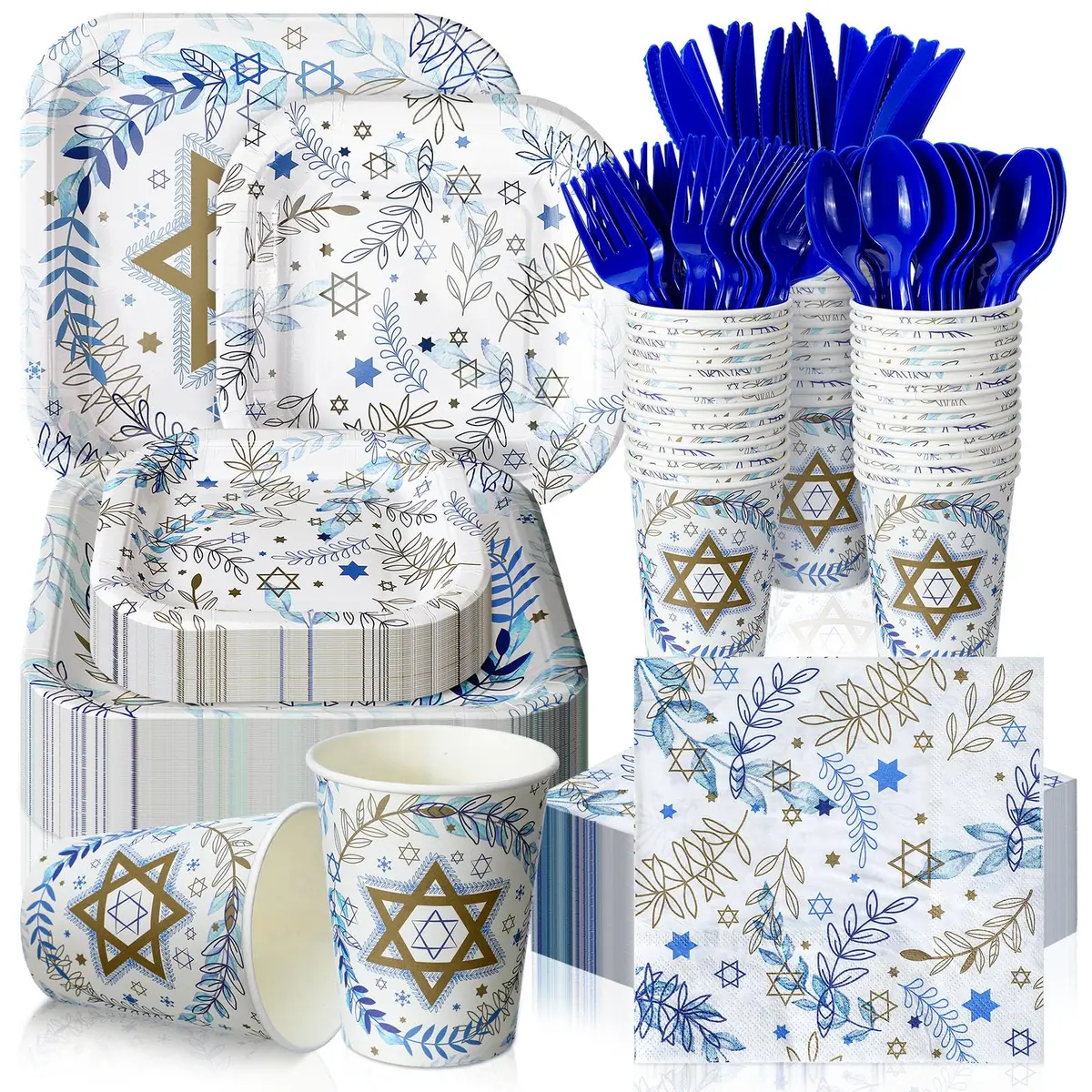 Suttmin Hanukkah Paper Plates & Napkins Set 350 pcs | Disposable Festive Tableware for 50 Guests - main product image