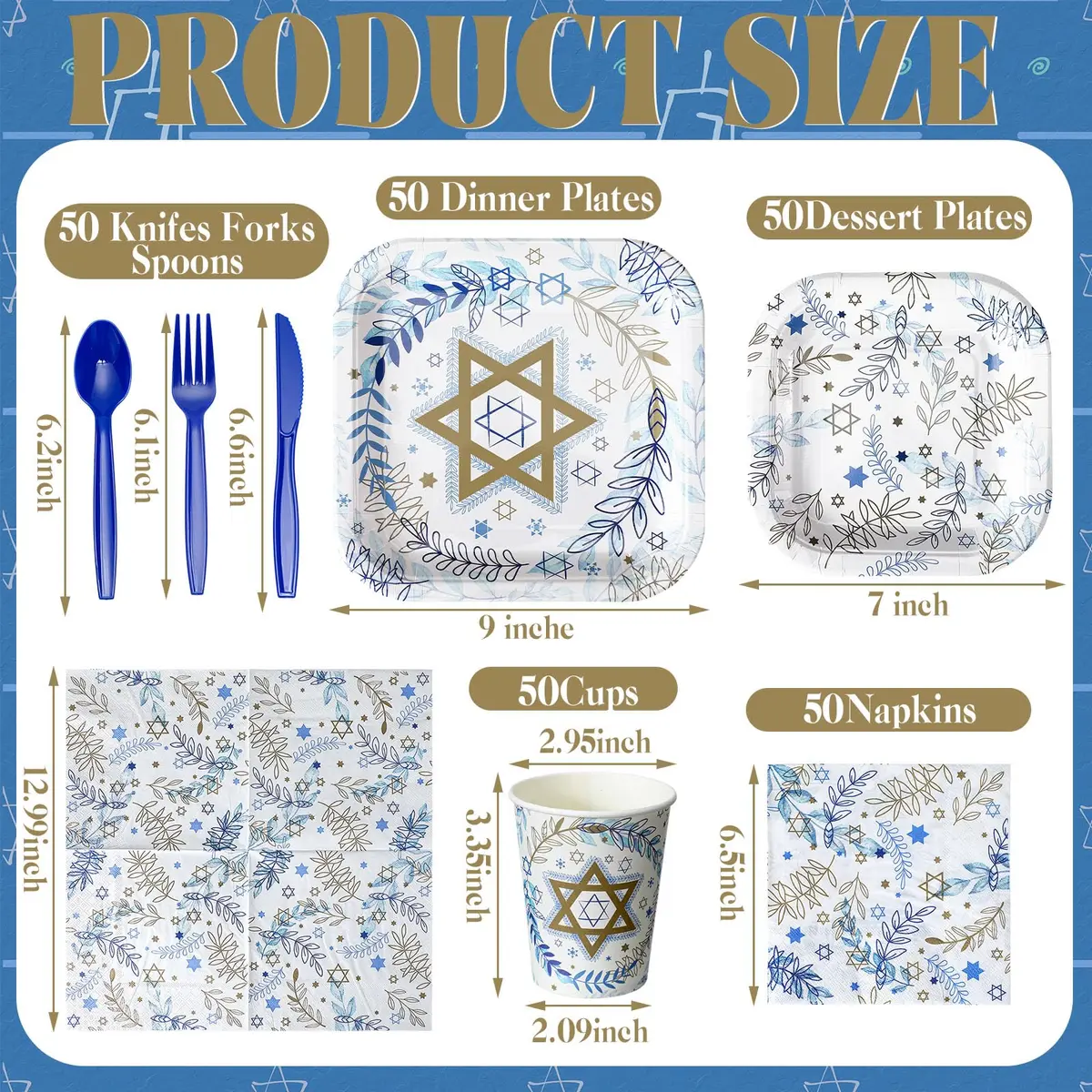 Suttmin Hanukkah Paper Plates & Napkins Set 350 pcs | Disposable Festive Tableware for 50 Guests - view 3
