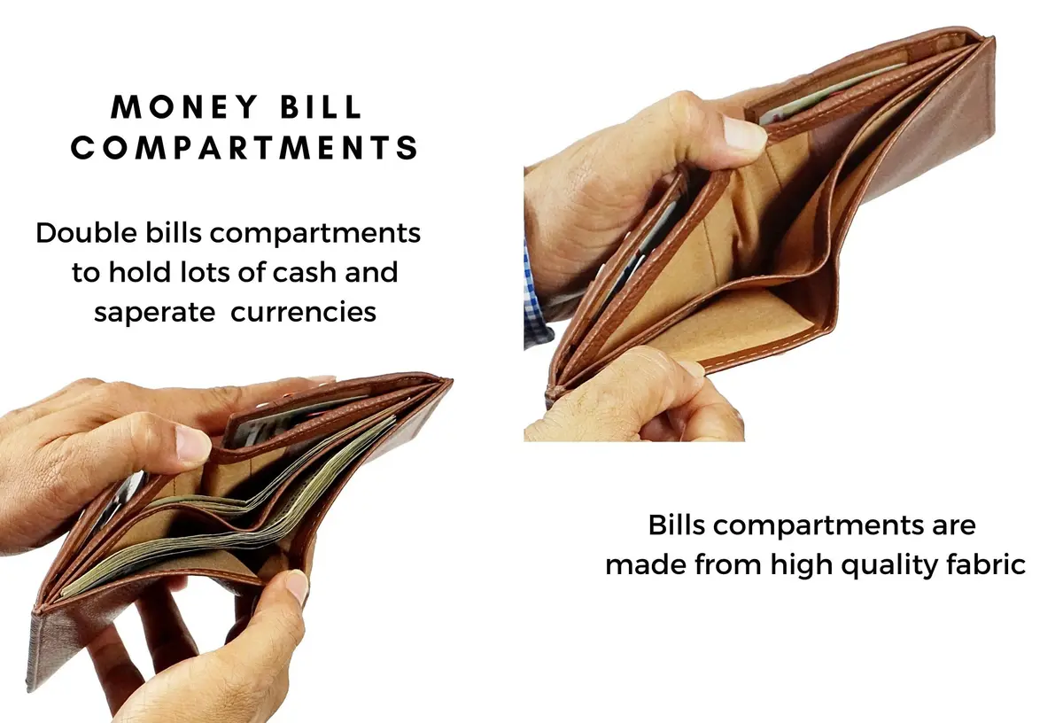 Bullz Genuine Cow Leather Thick Dual Credit Card Wallet | RFID Bifold Large Men’s Wallet (Tan) - view 6