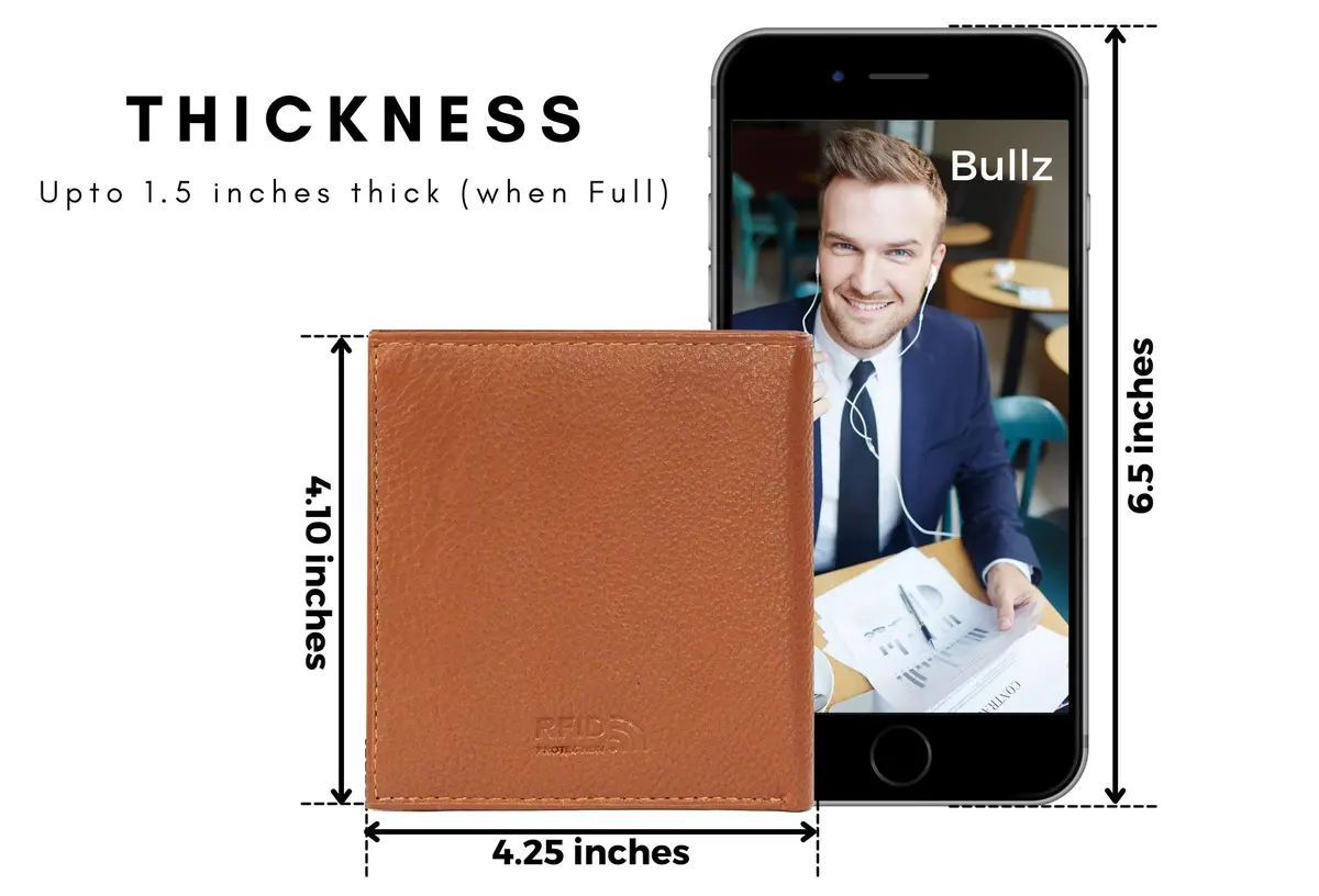 Bullz Genuine Cow Leather Thick Dual Credit Card Wallet | RFID Bifold Large Men’s Wallet (Tan) - view 7